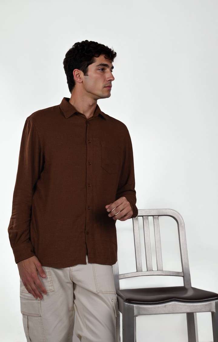 Celio Men Brown Solid Regular Fit Viscose Rayon Linen Shirts