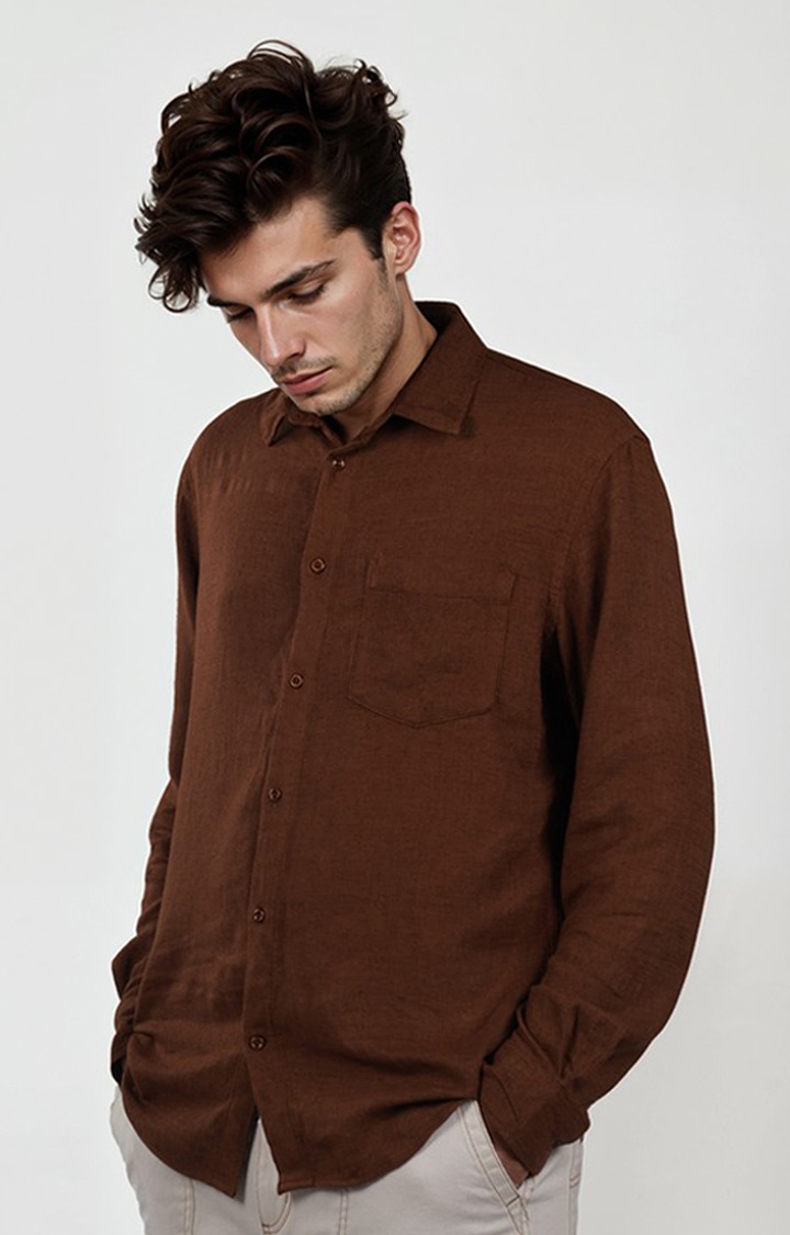 Celio Men Brown Solid Regular Fit Viscose Rayon Linen Shirts