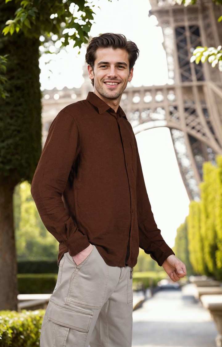 Celio Men Brown Solid Regular Fit Viscose Rayon Linen Shirts