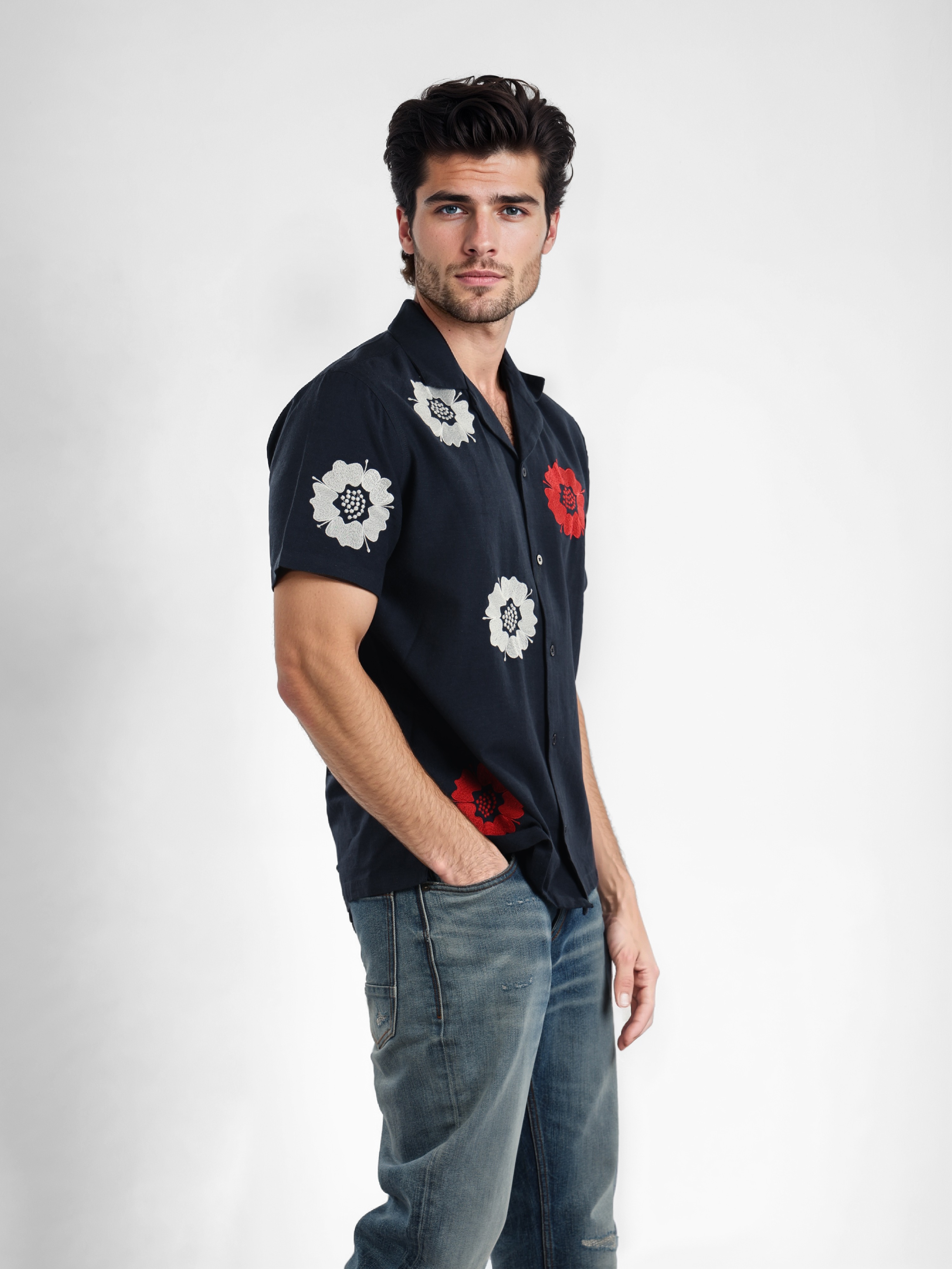 Celio Men Navy Blue Regular Fit Cotton Embroidered Shirt