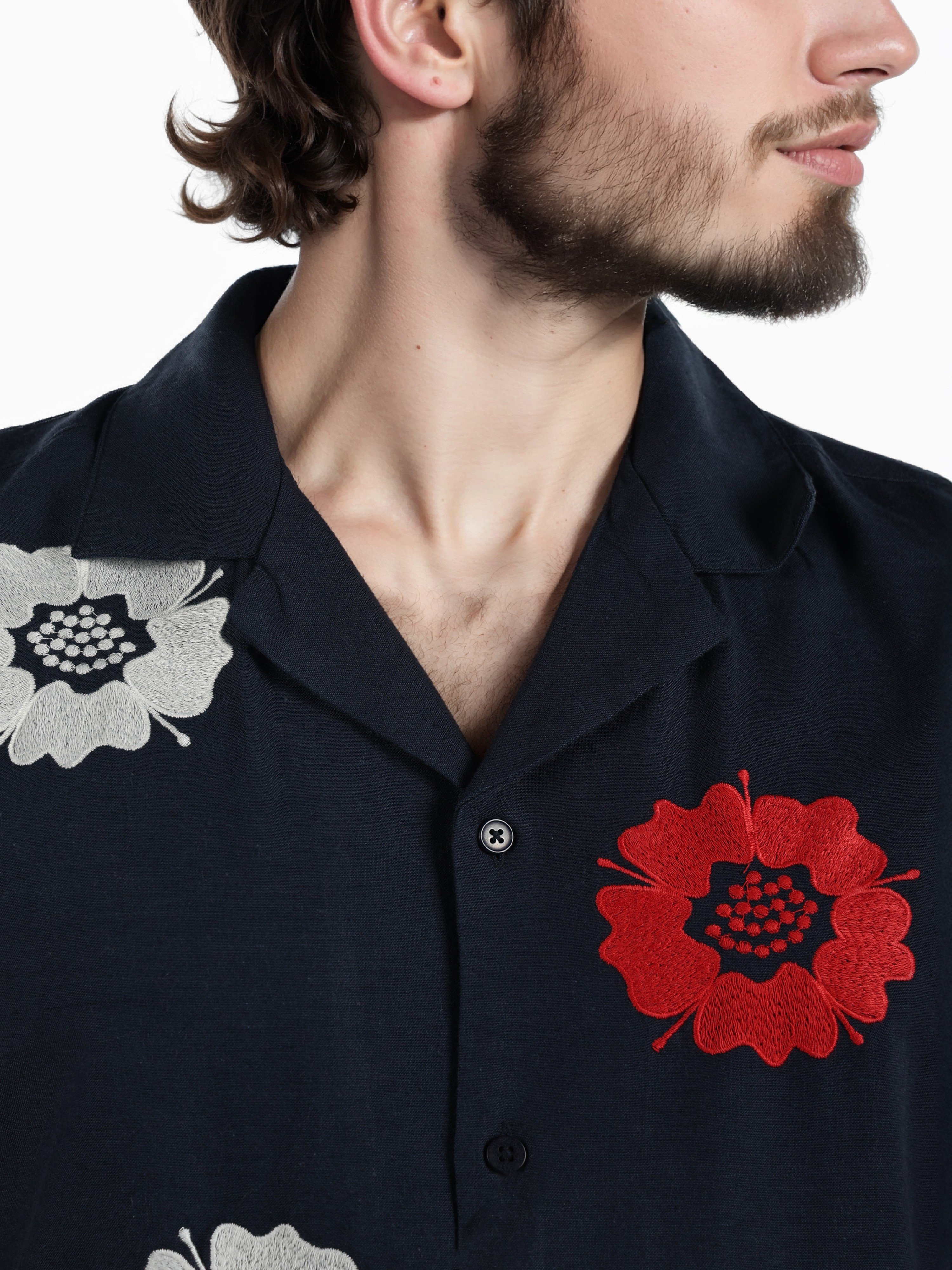 Celio Men Navy Blue Regular Fit Cotton Embroidered Shirt