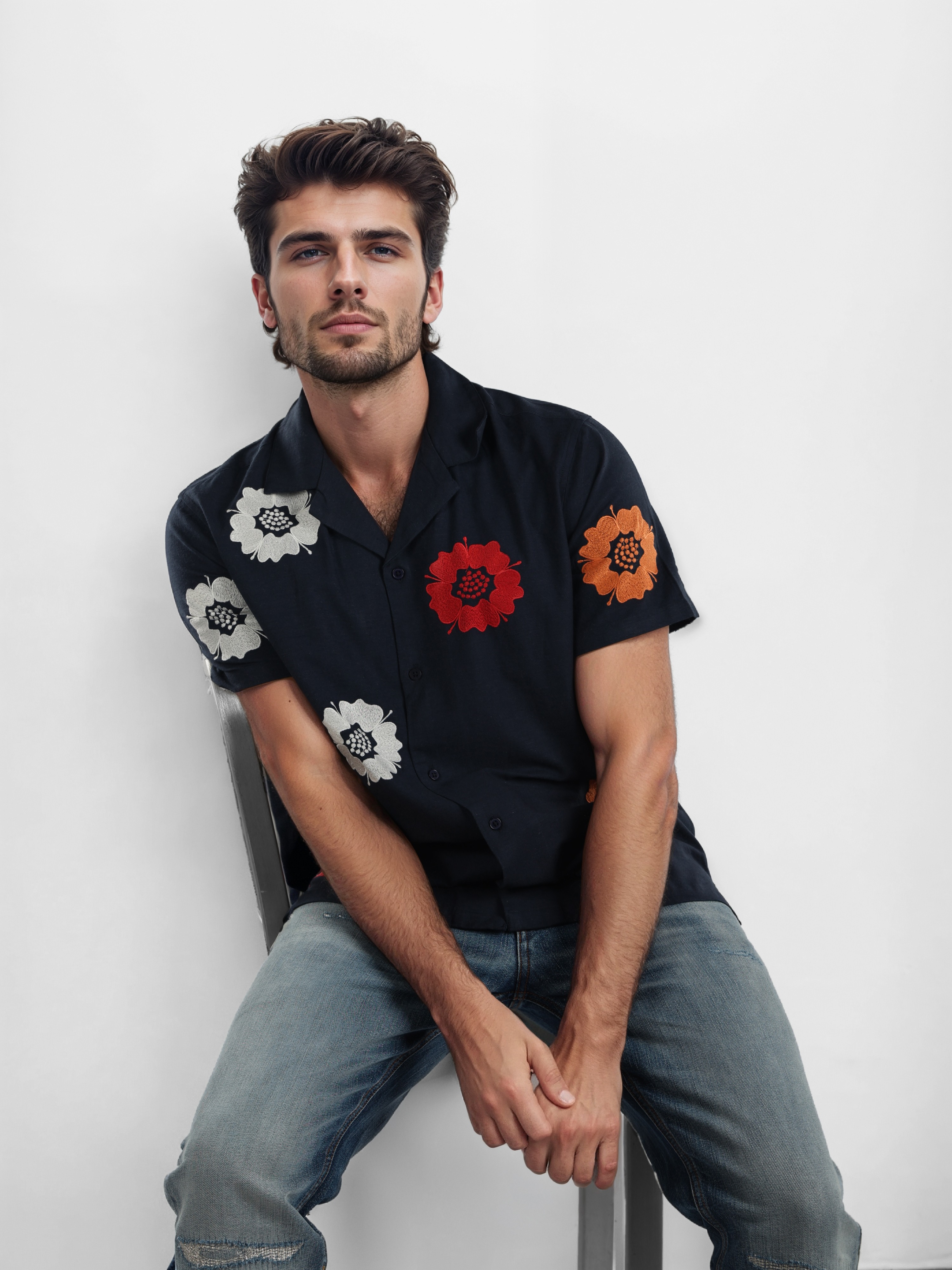 Celio Men Navy Blue Regular Fit Cotton Embroidered Shirt