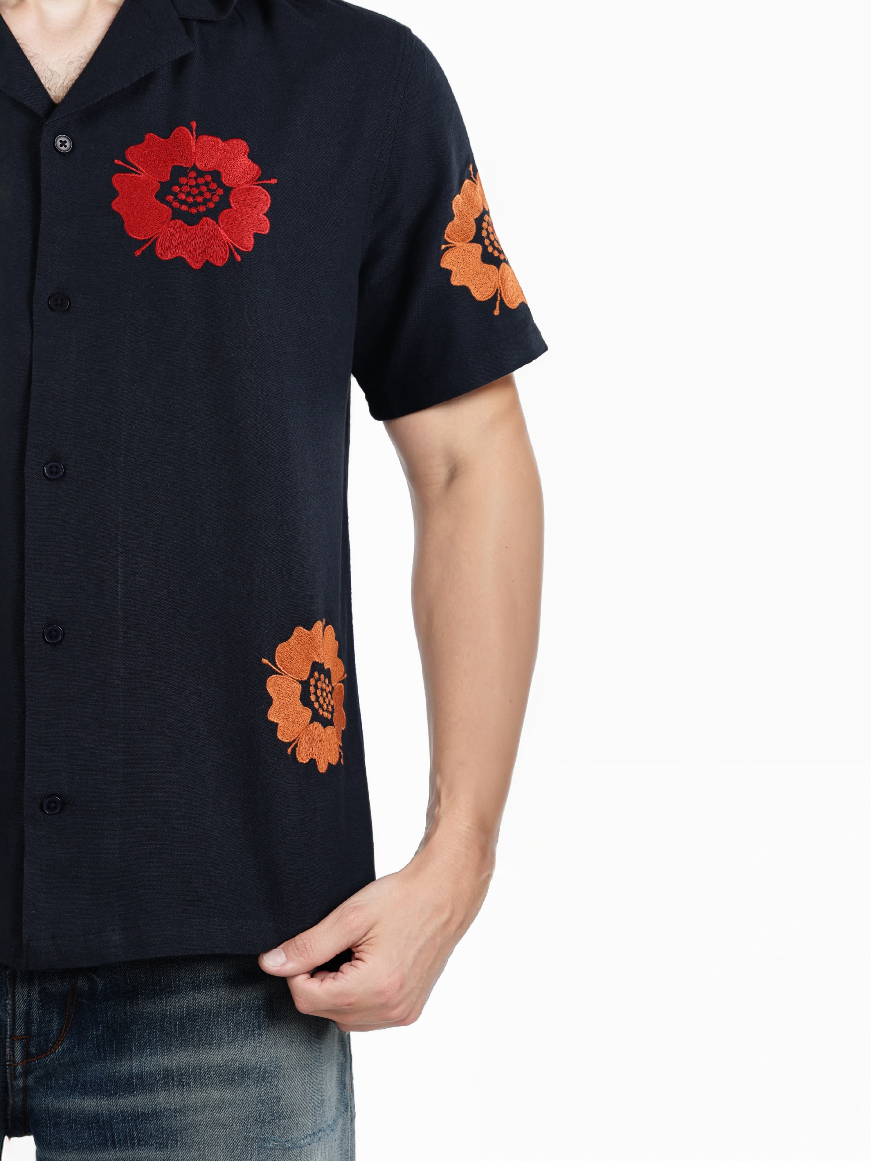 Celio Men Navy Blue Regular Fit Cotton Embroidered Shirt