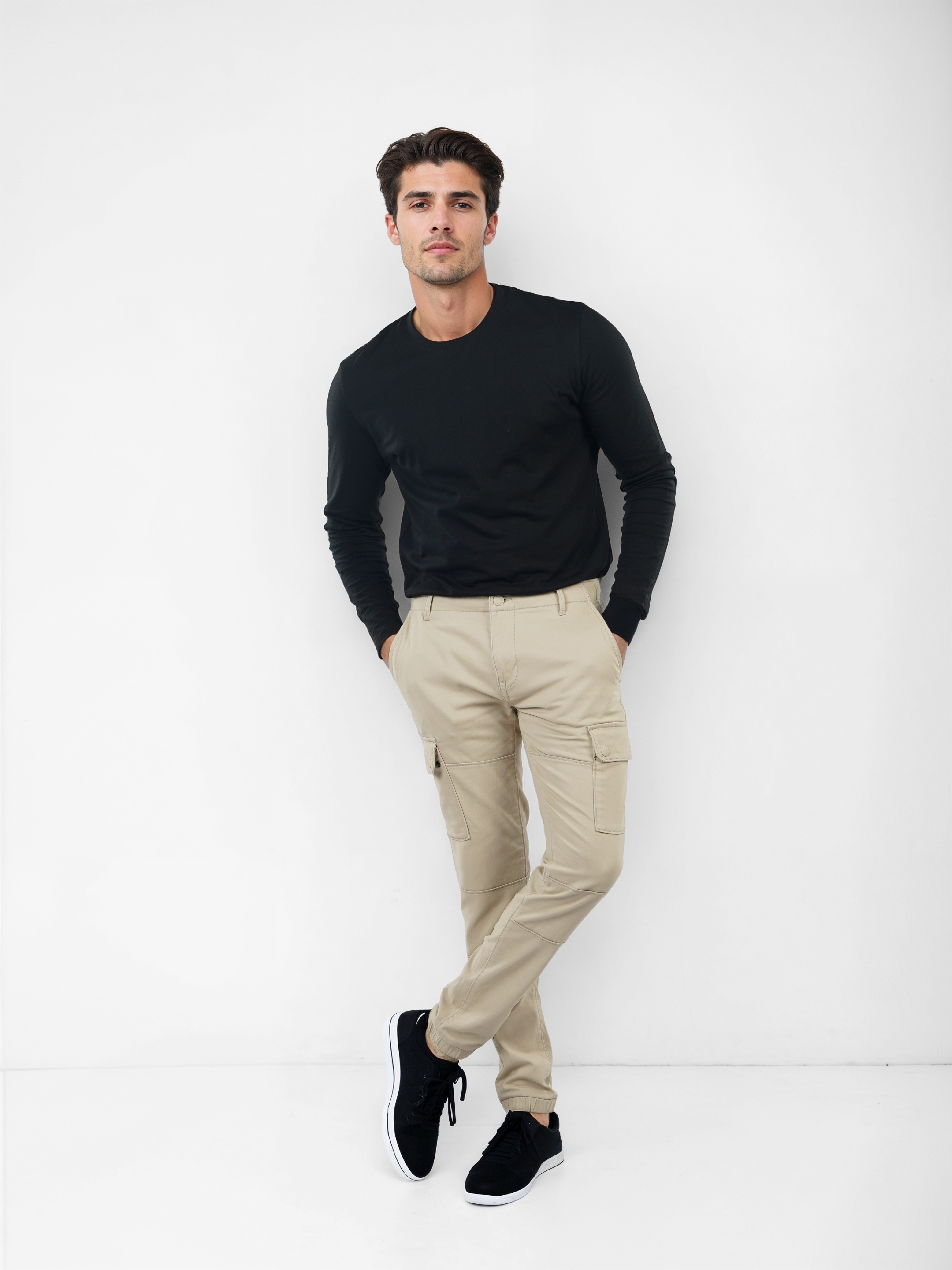 Celio Men Beige Solid Slim Fit Cotton Cargo Trousers