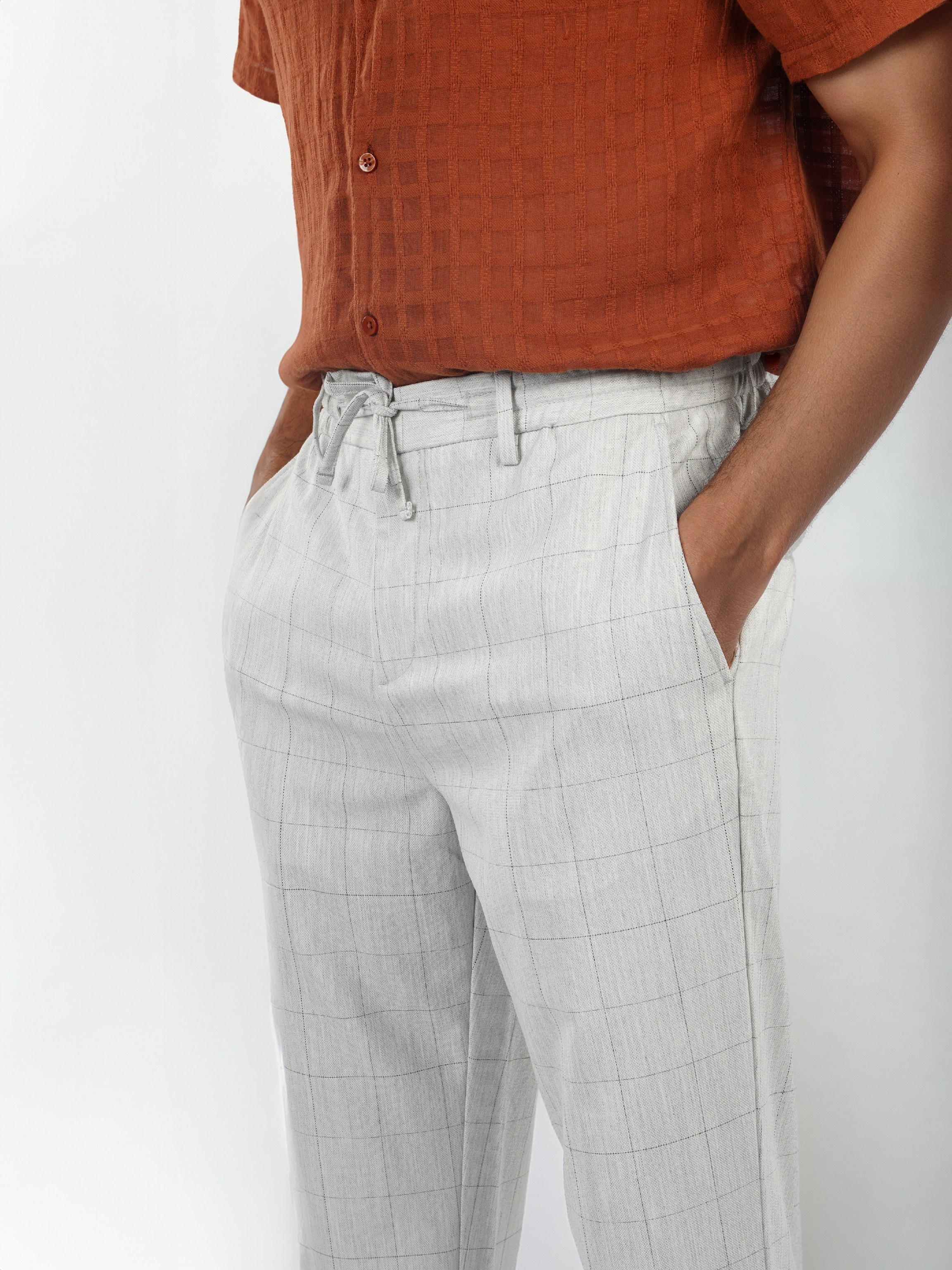 Celio Men Grey Checked Slim Fit Polyester Fashion Trousers
