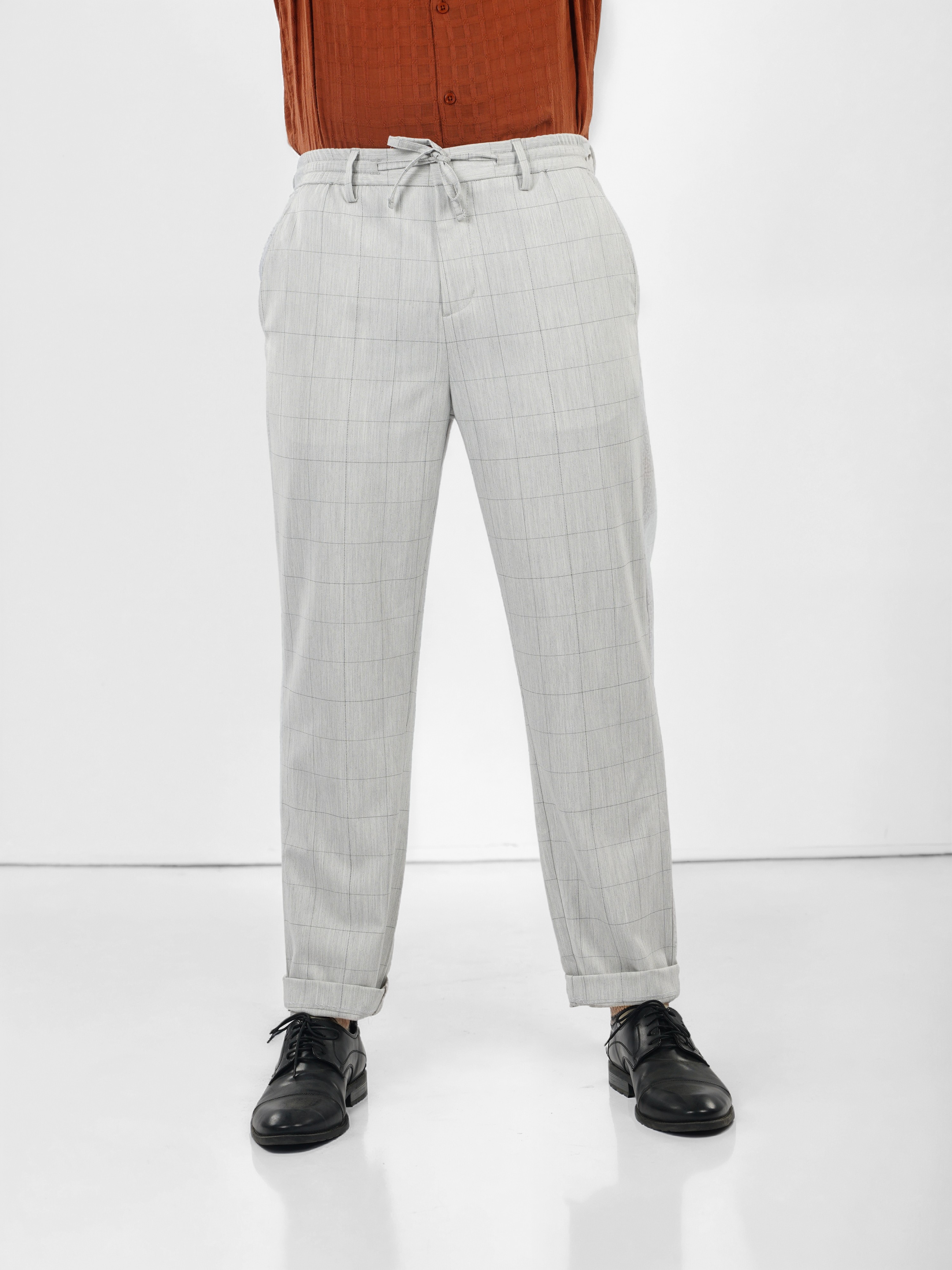 Celio Men Grey Checked Slim Fit Polyester Fashion Trousers