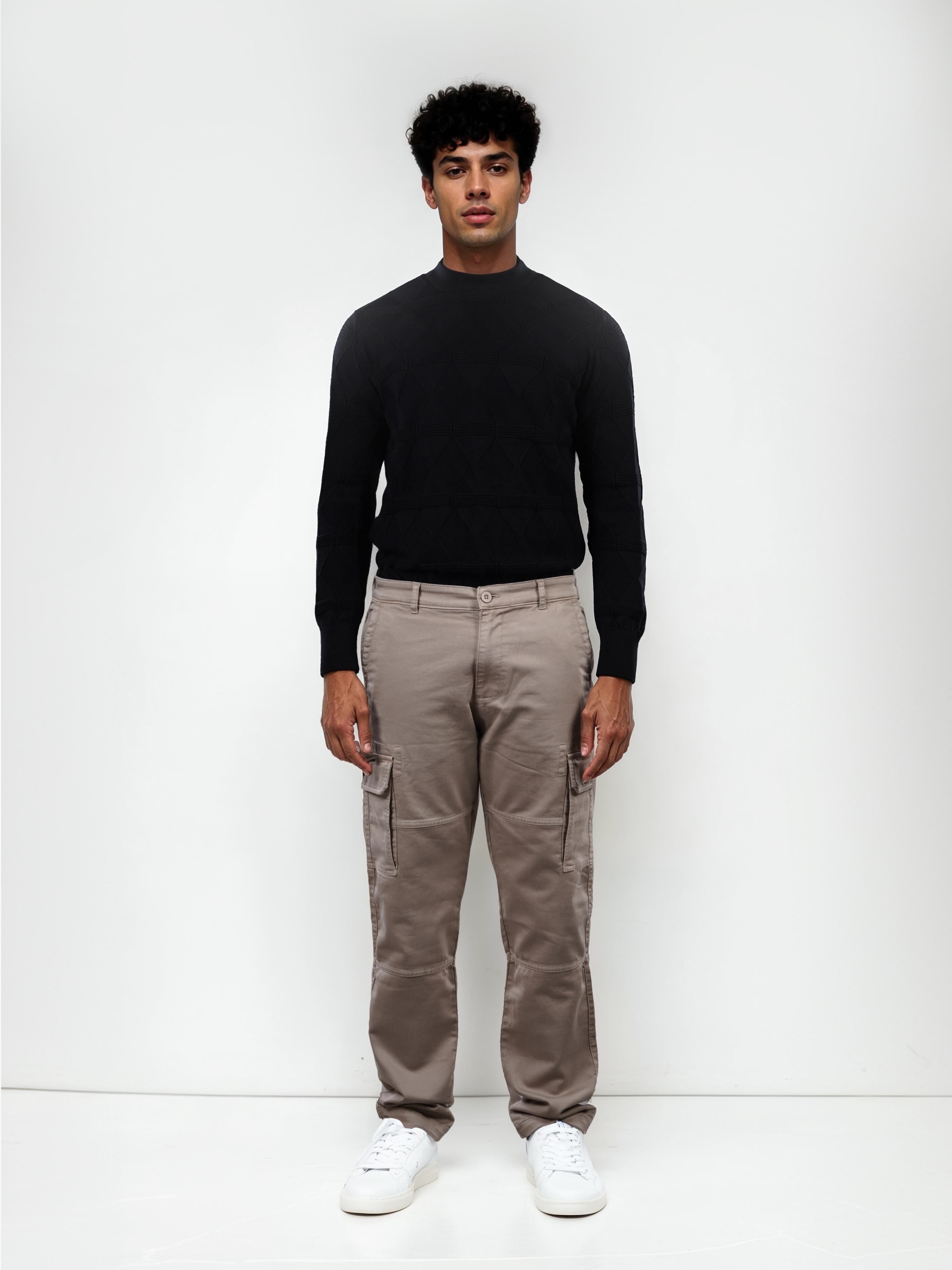 Celio Men Beige Solid Straight Fit Cotton Cargo Jeans