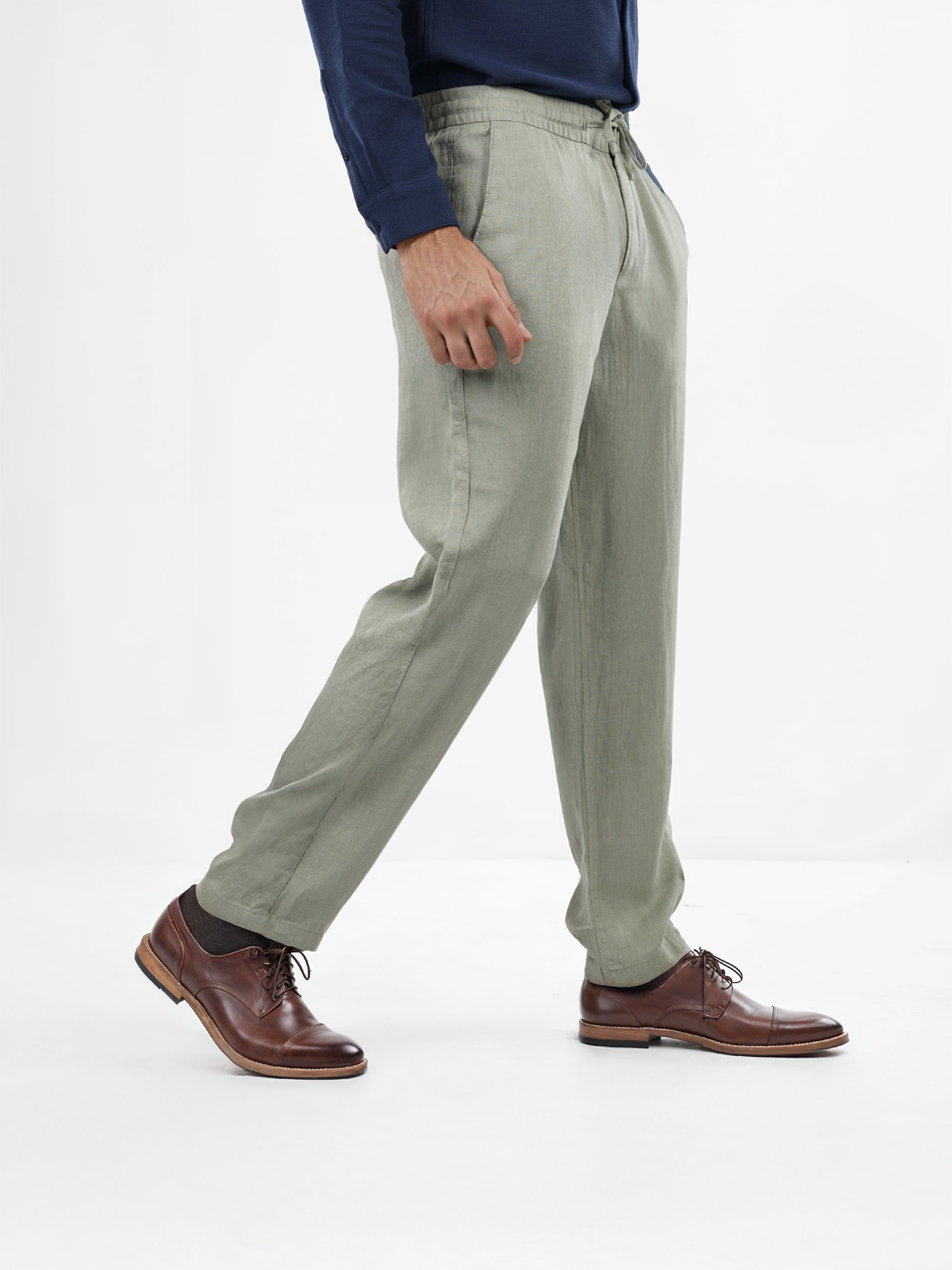 Celio Men Green Solid Straight Fit Linen Trousers