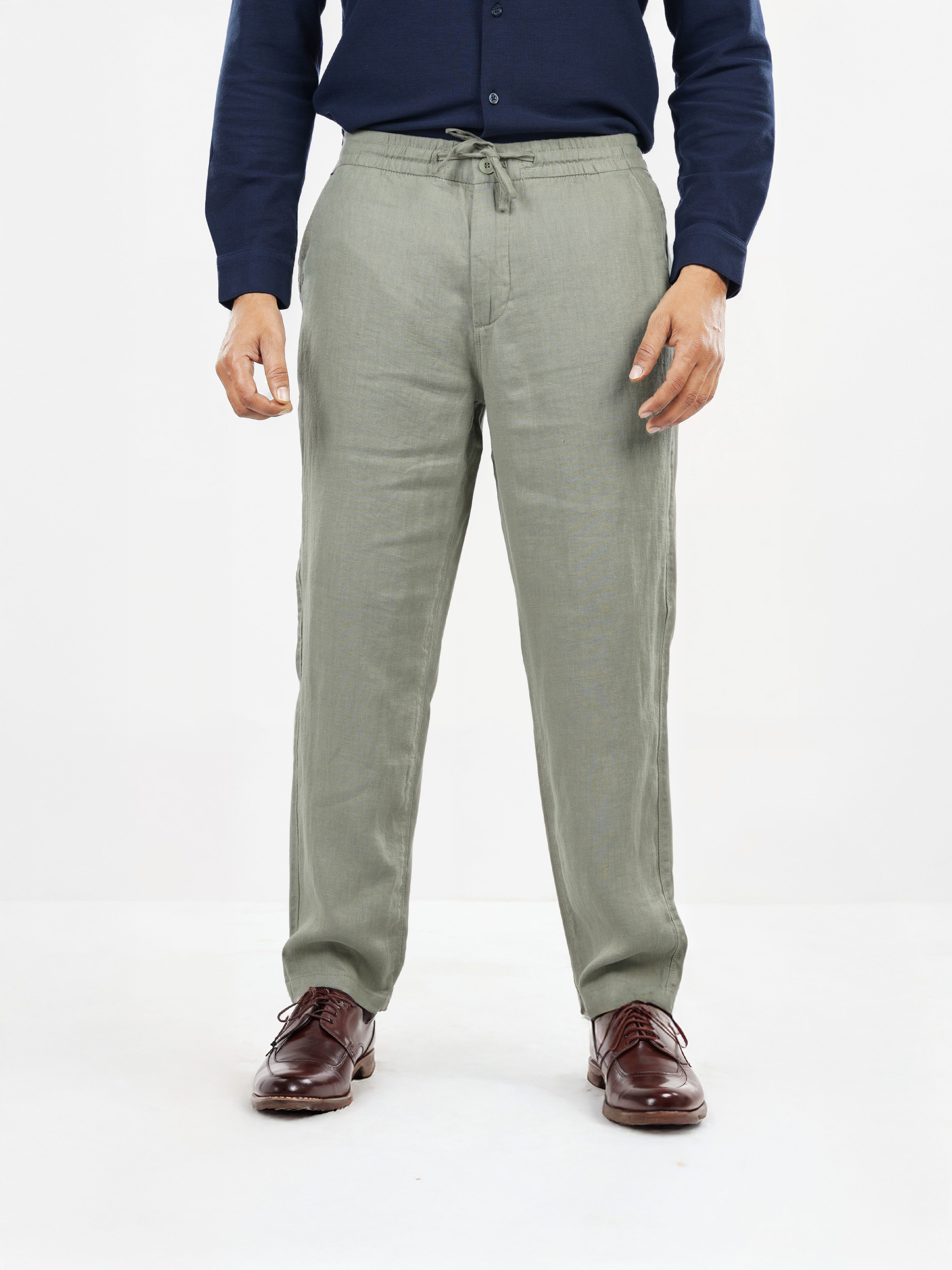 Celio Men Green Solid Straight Fit Linen Trousers