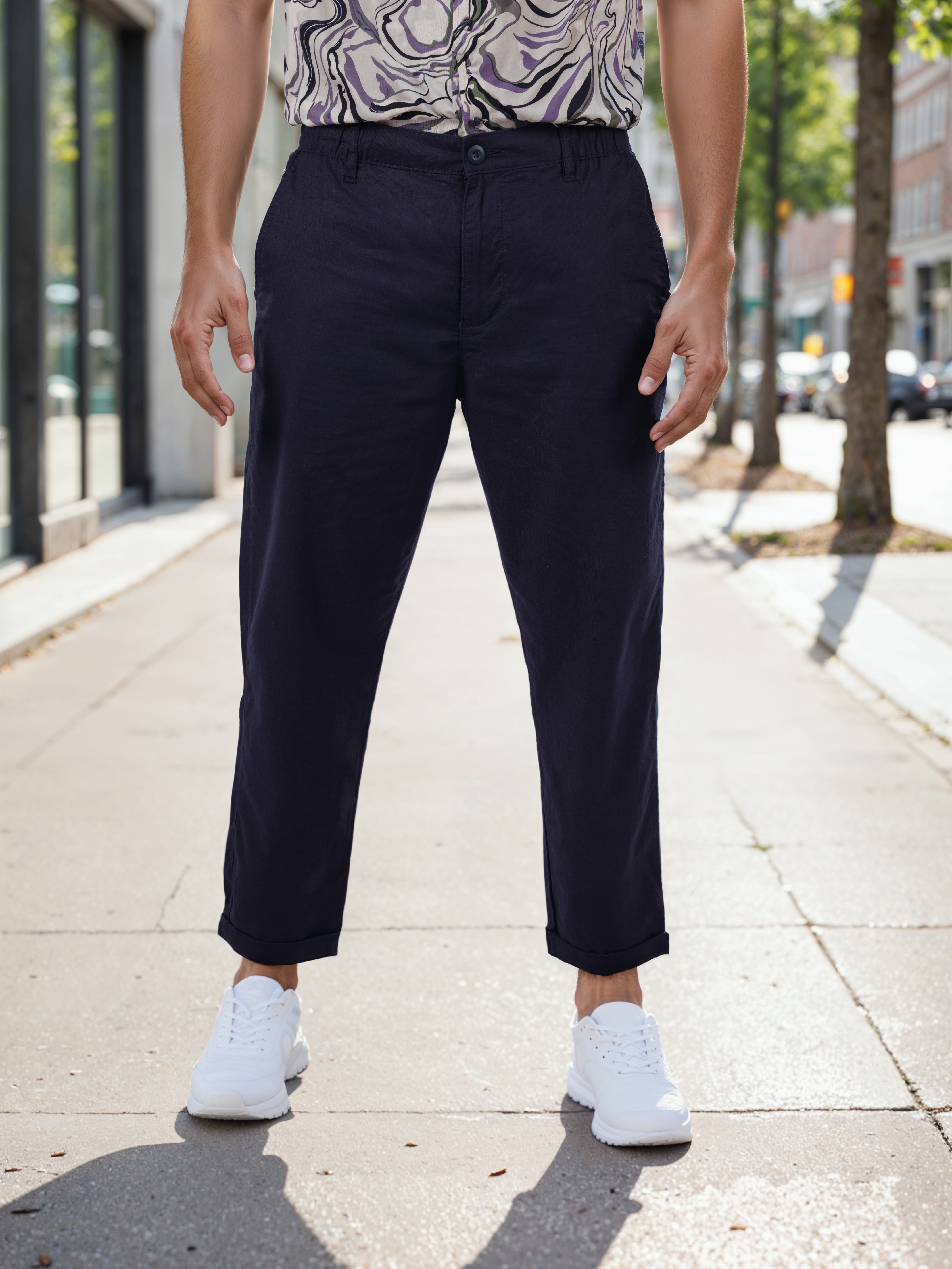 Celio Men Navy Blue Solid Regular Fit Linen Trousers