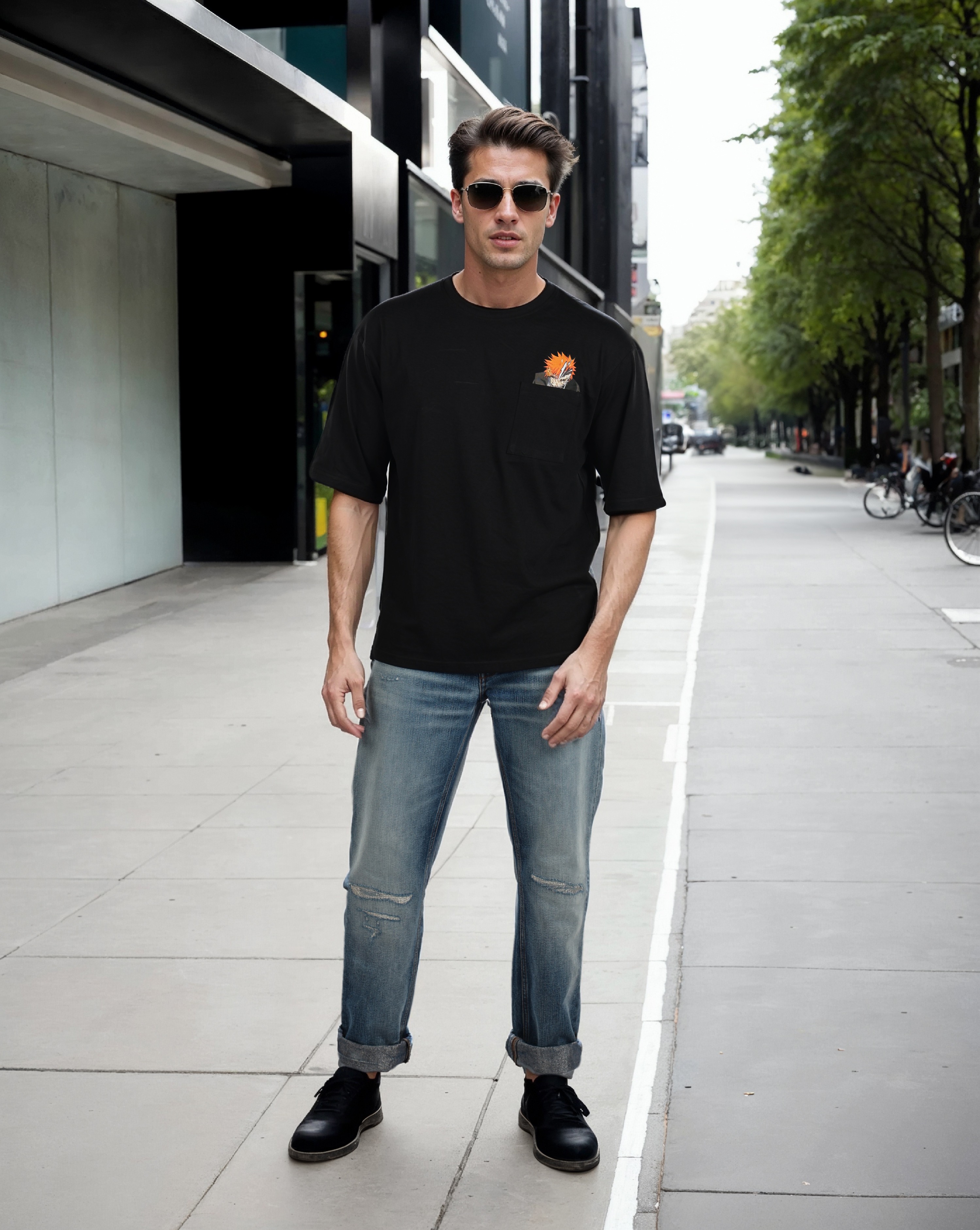 Celio Men Black Round Neck Printed Oversized Cotton Bleach Tshirt