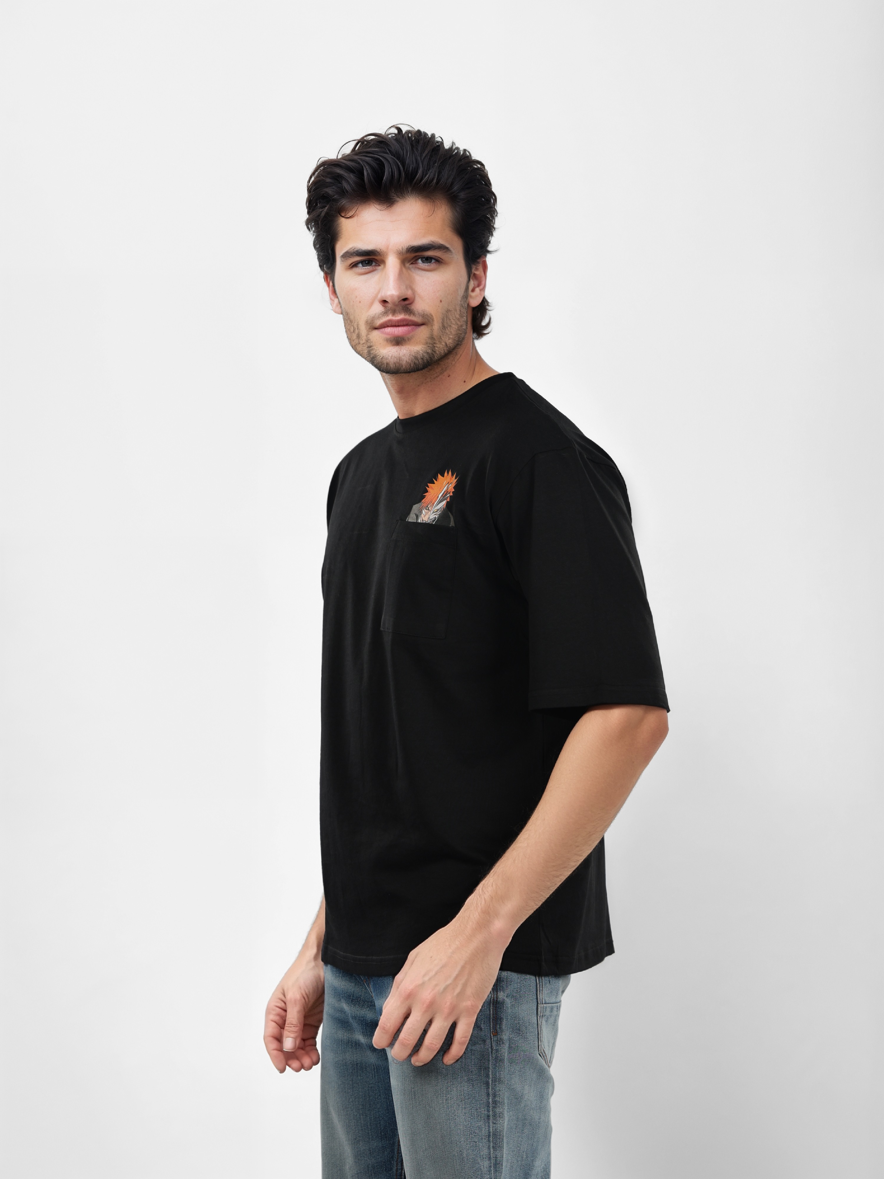Celio Men Black Round Neck Printed Oversized Cotton Bleach Tshirt