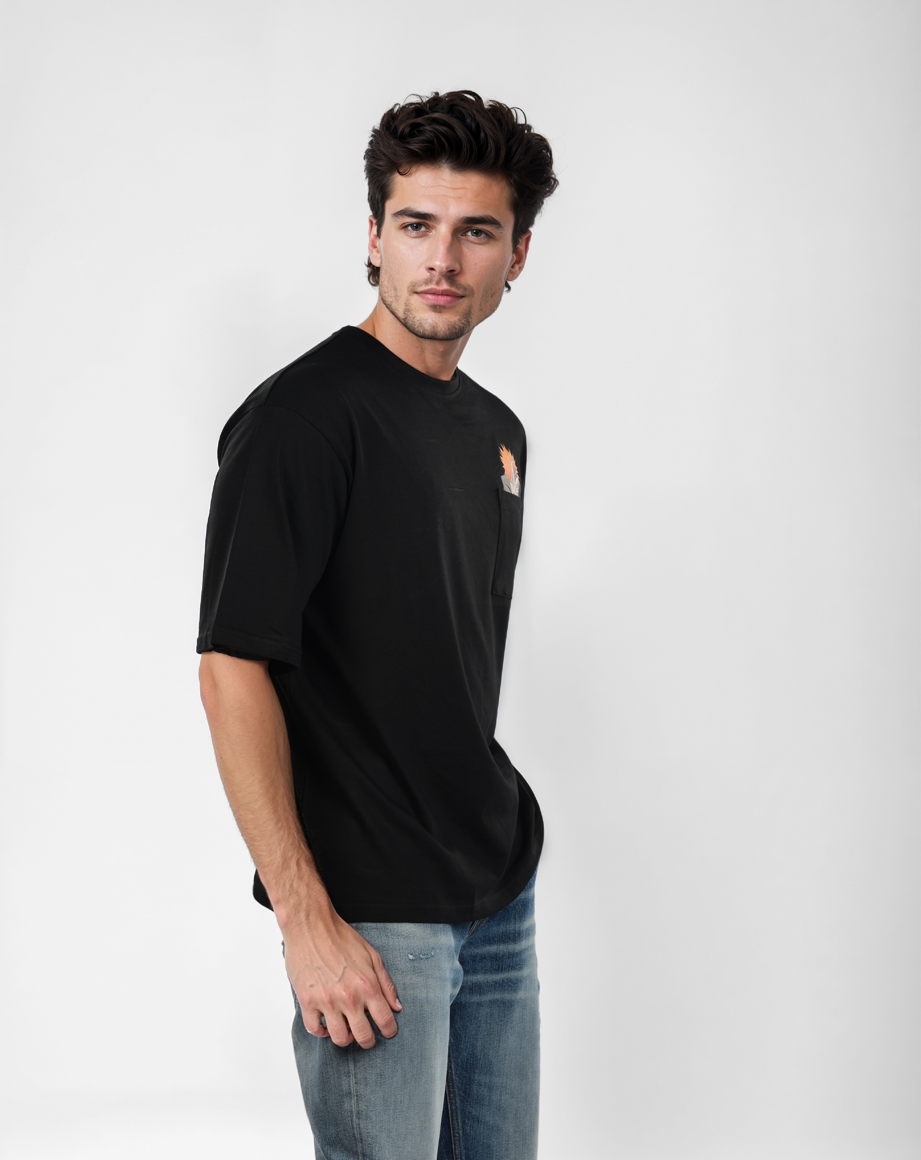 Celio Men Black Round Neck Printed Oversized Cotton Bleach Tshirt