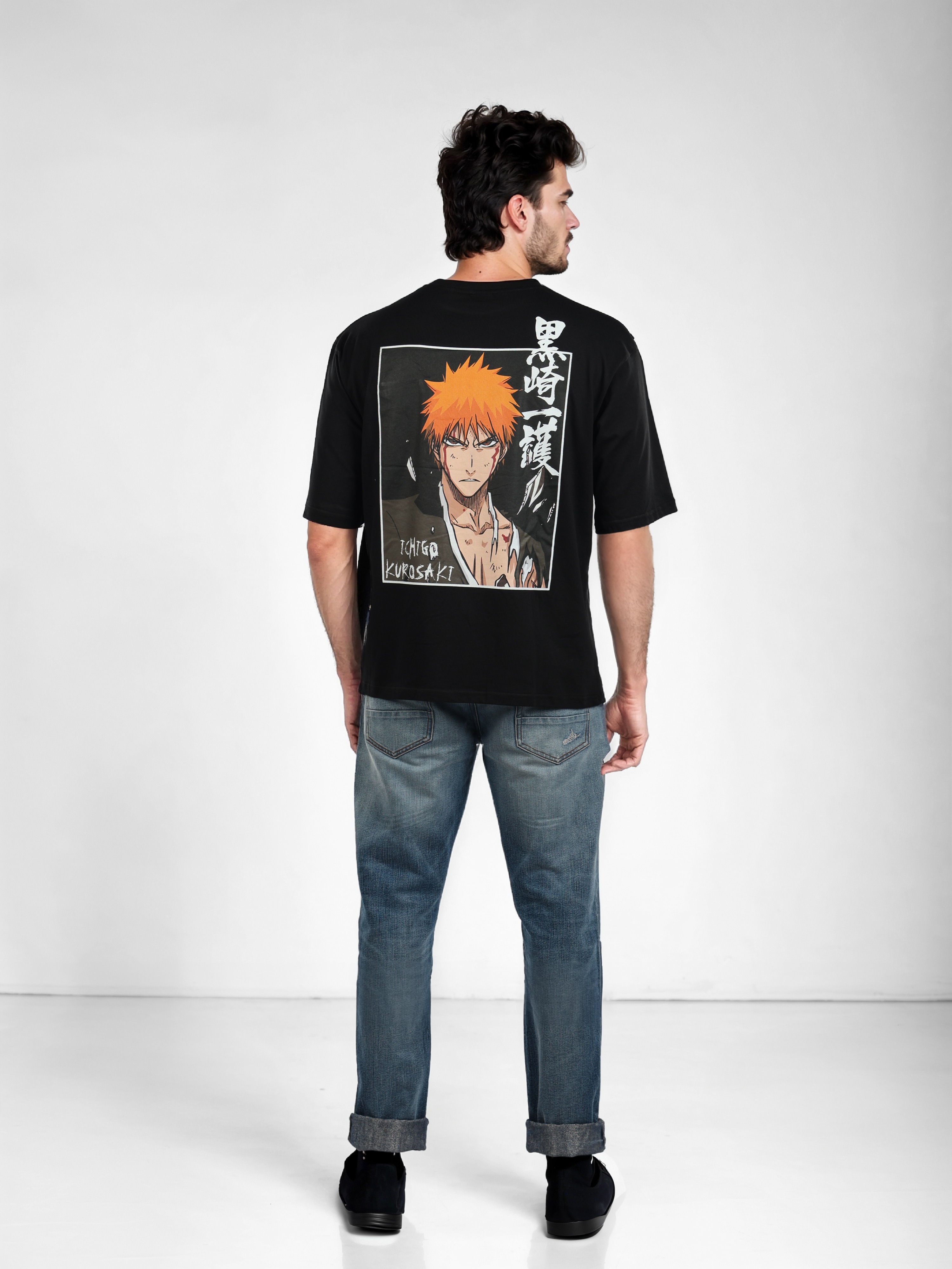 Celio Men Black Round Neck Printed Oversized Cotton Bleach Tshirt