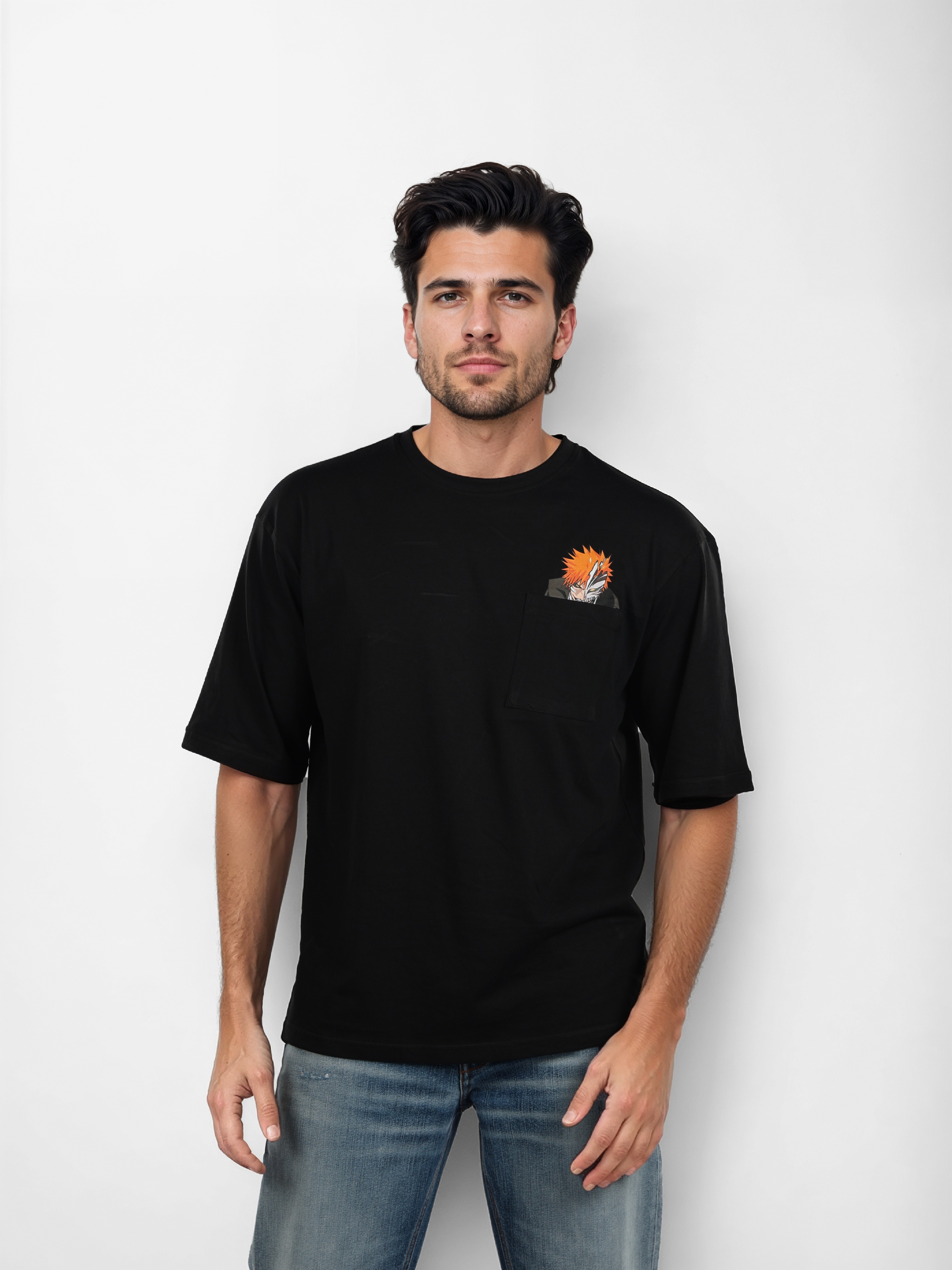 Celio Men Black Round Neck Printed Oversized Cotton Bleach Tshirt