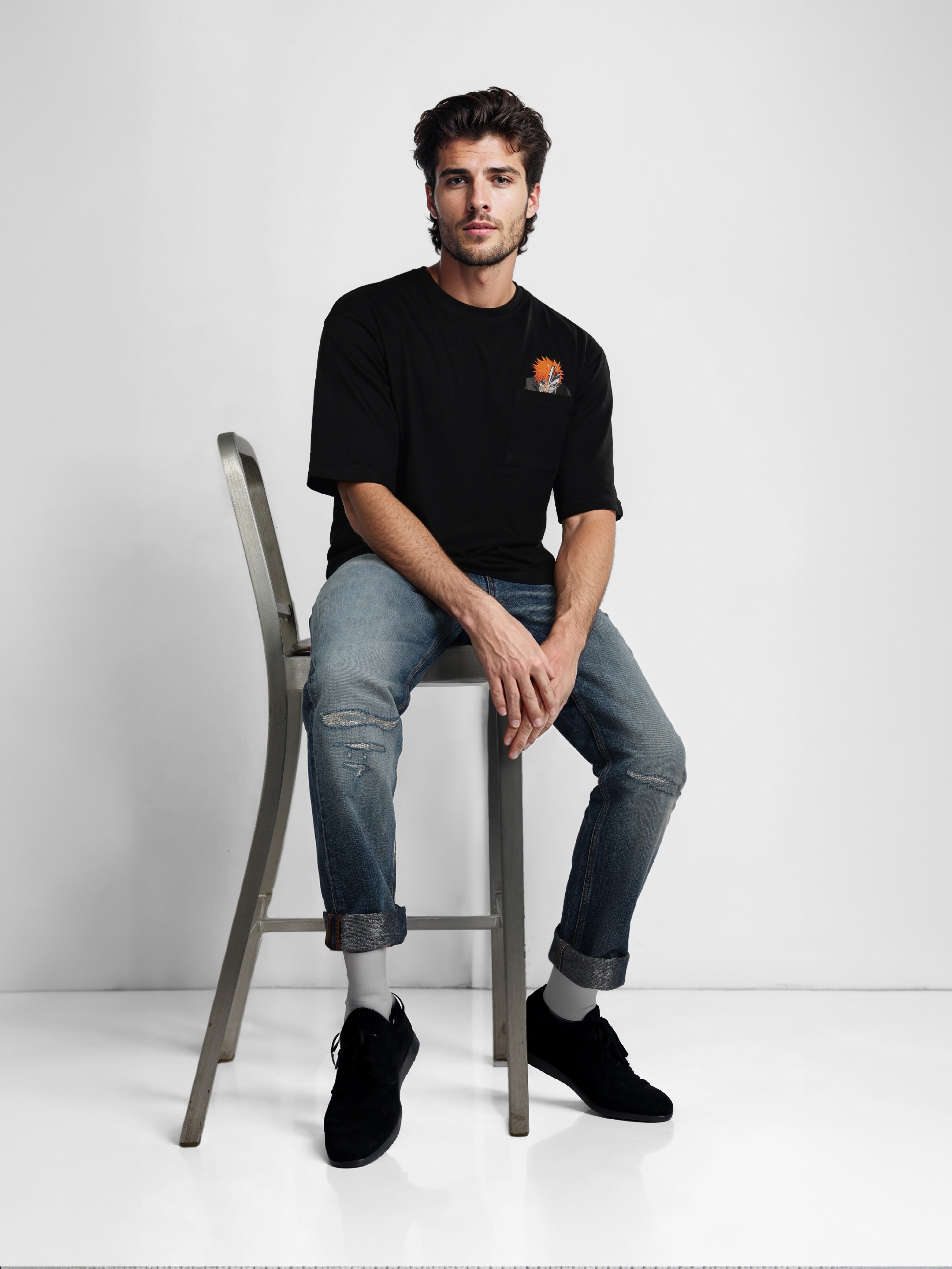Celio Men Black Round Neck Printed Oversized Cotton Bleach Tshirt