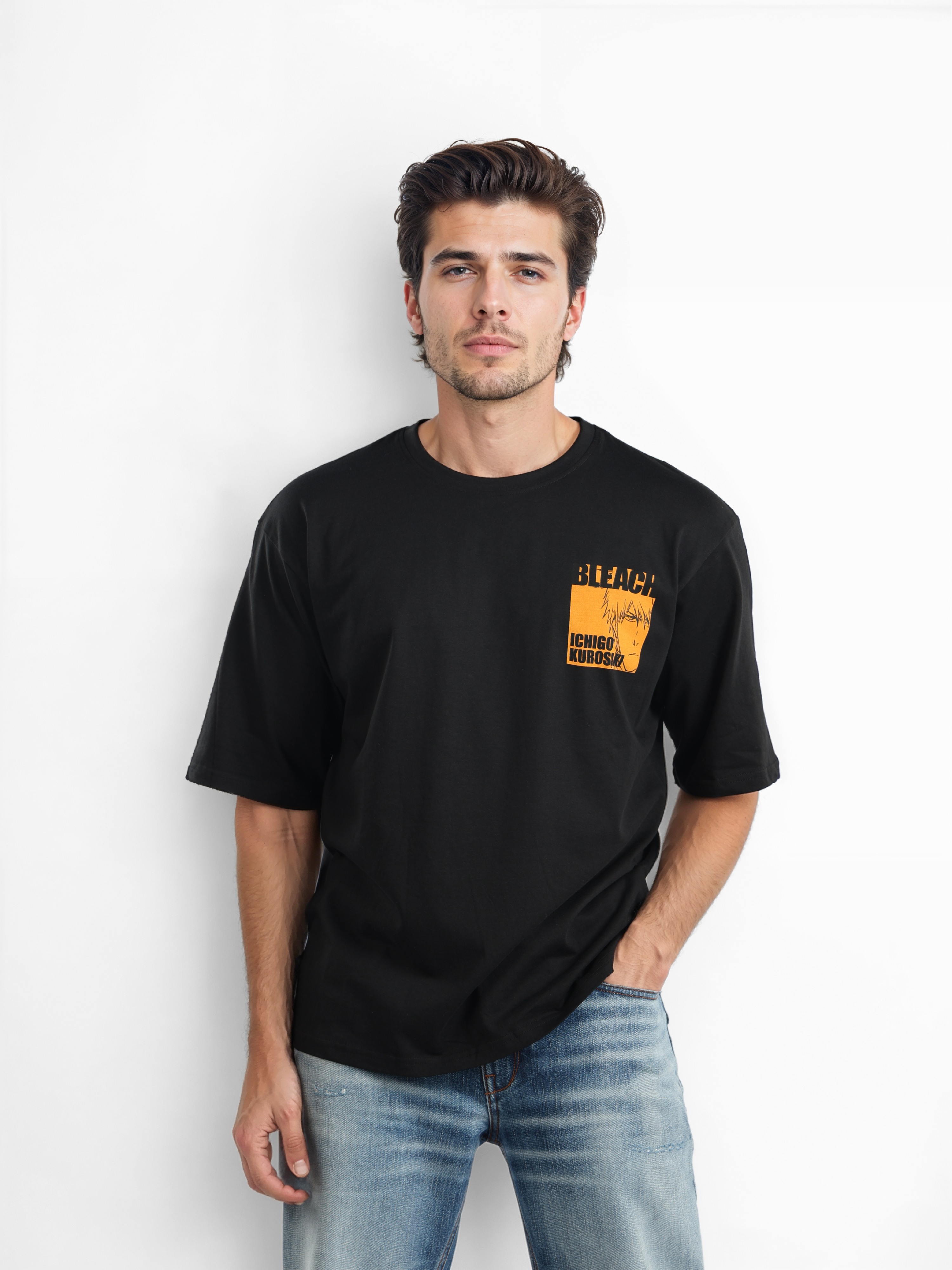 Celio Men Black Printed Oversized Cotton Bleach Tshirt