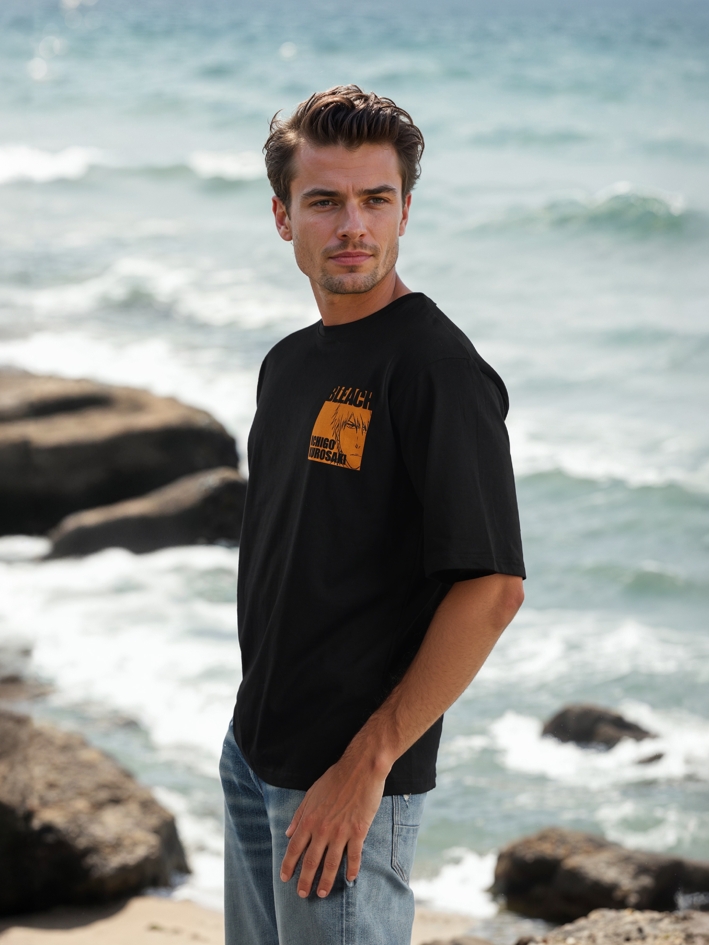 Celio Men Black Printed Oversized Cotton Bleach Tshirt