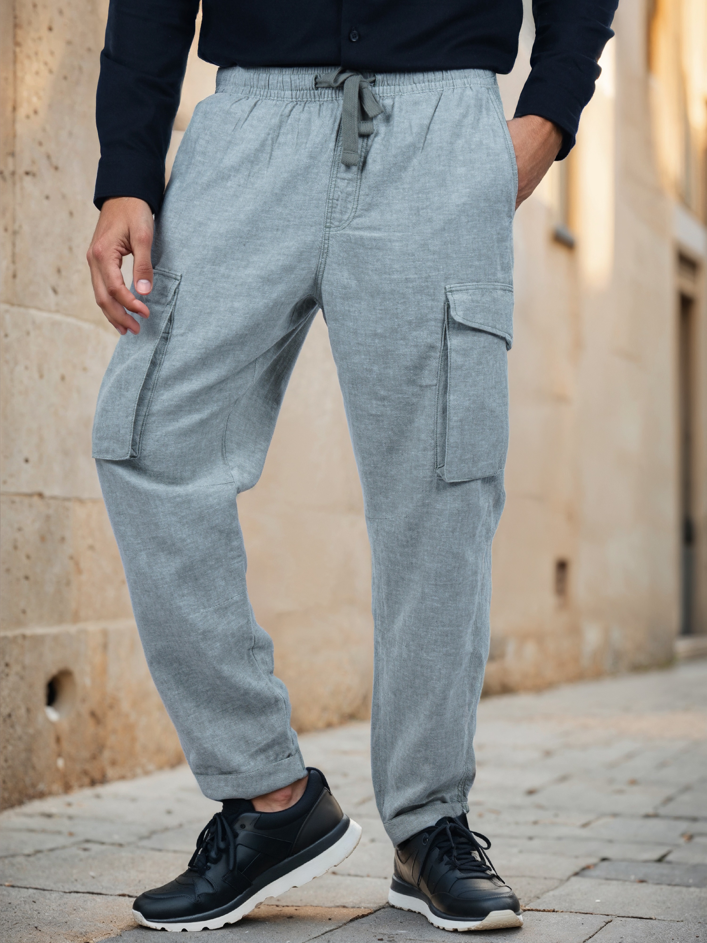 Celio Men Khaki Solid Straight Fit Linen Trousers