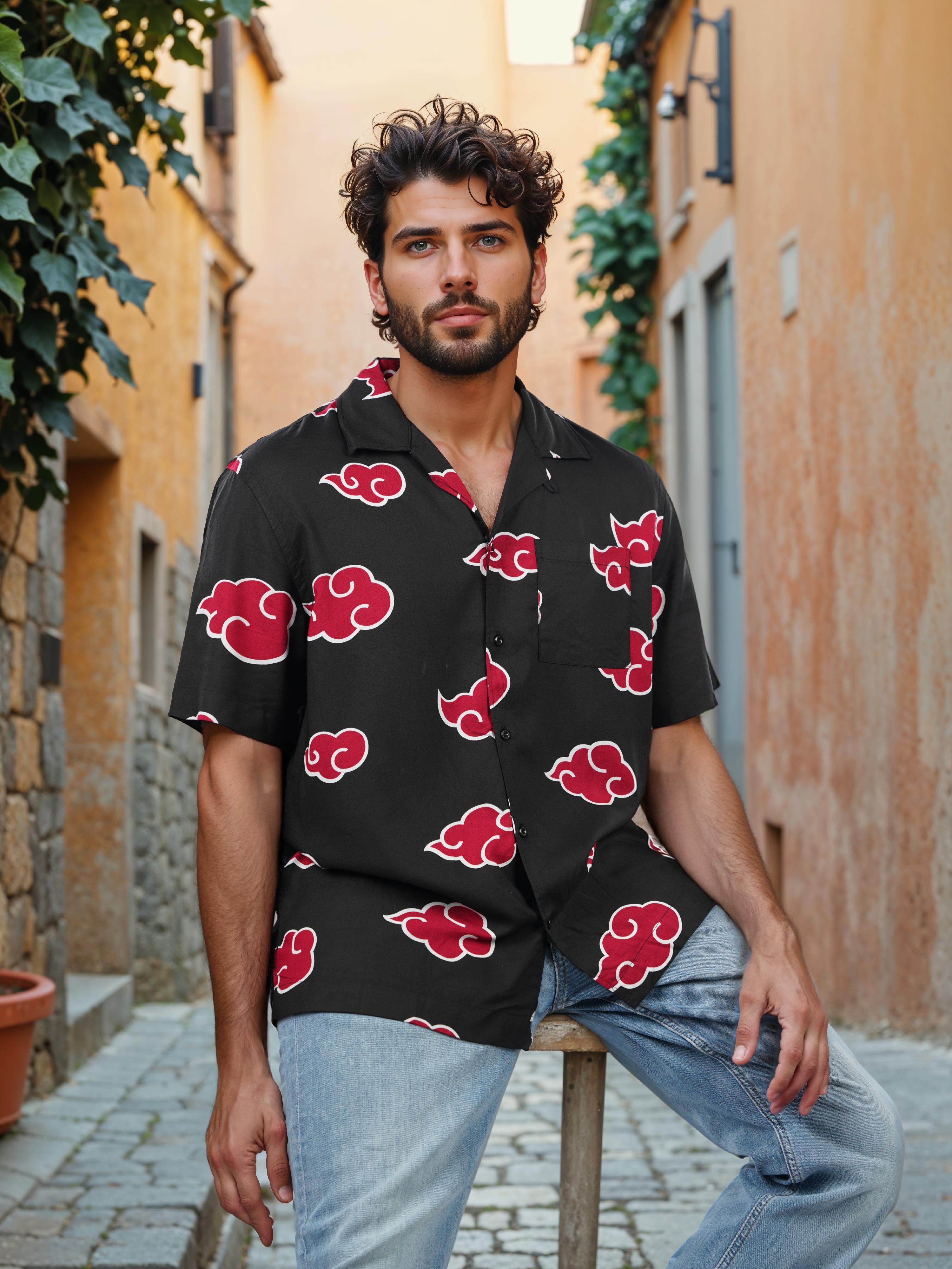Celio Men Black Printed Boxy Viscose Rayon Naruto Shirt