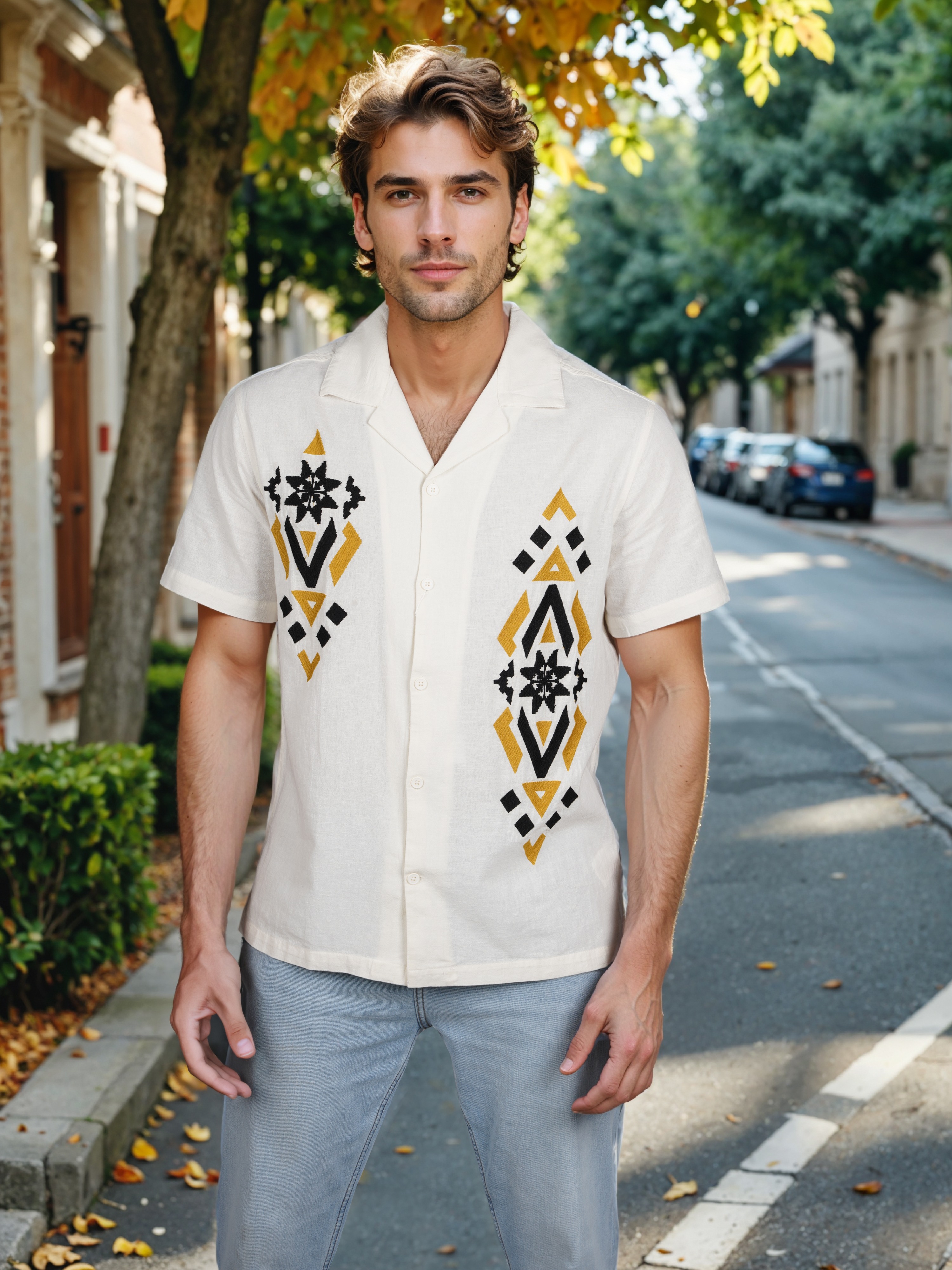 Celio Men White Printed Regular Fit Cotton Linen Shirt