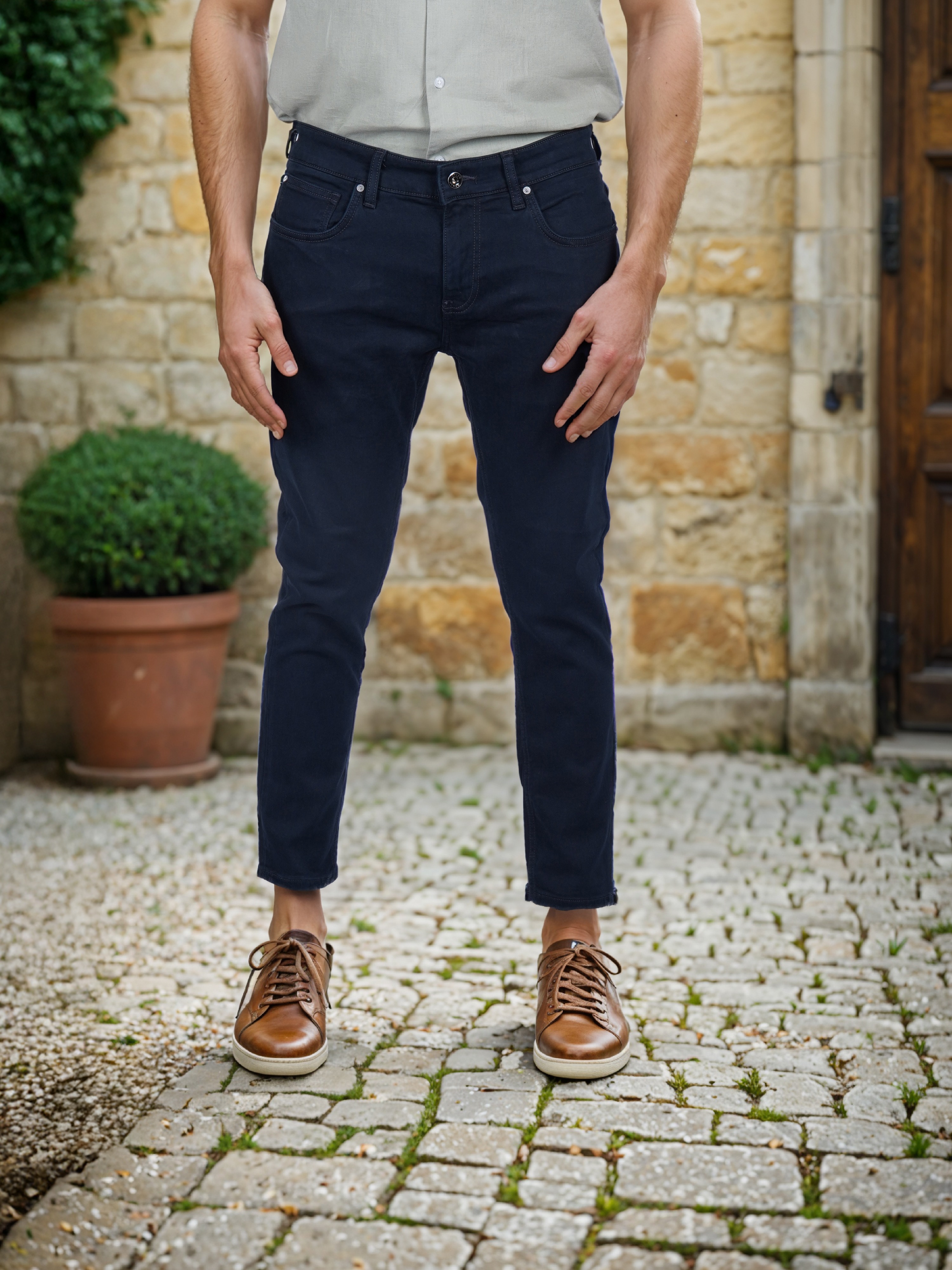 Celio Men Navy Blue Solid Super Skinny Fit Cotton Ankle Length Jeans