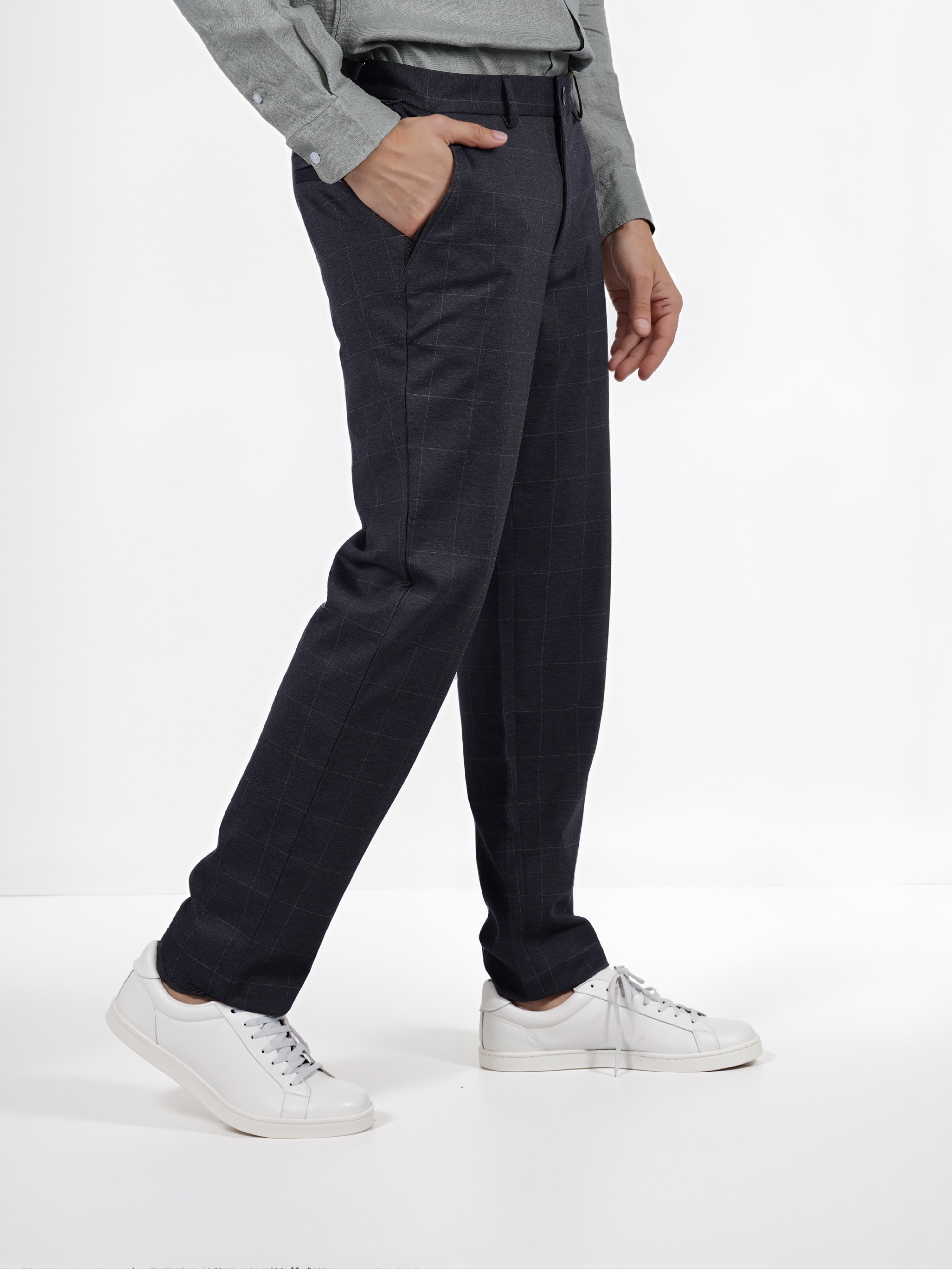 Celio Men Grey Checked Slim Fit Polyester Fashion Trouser