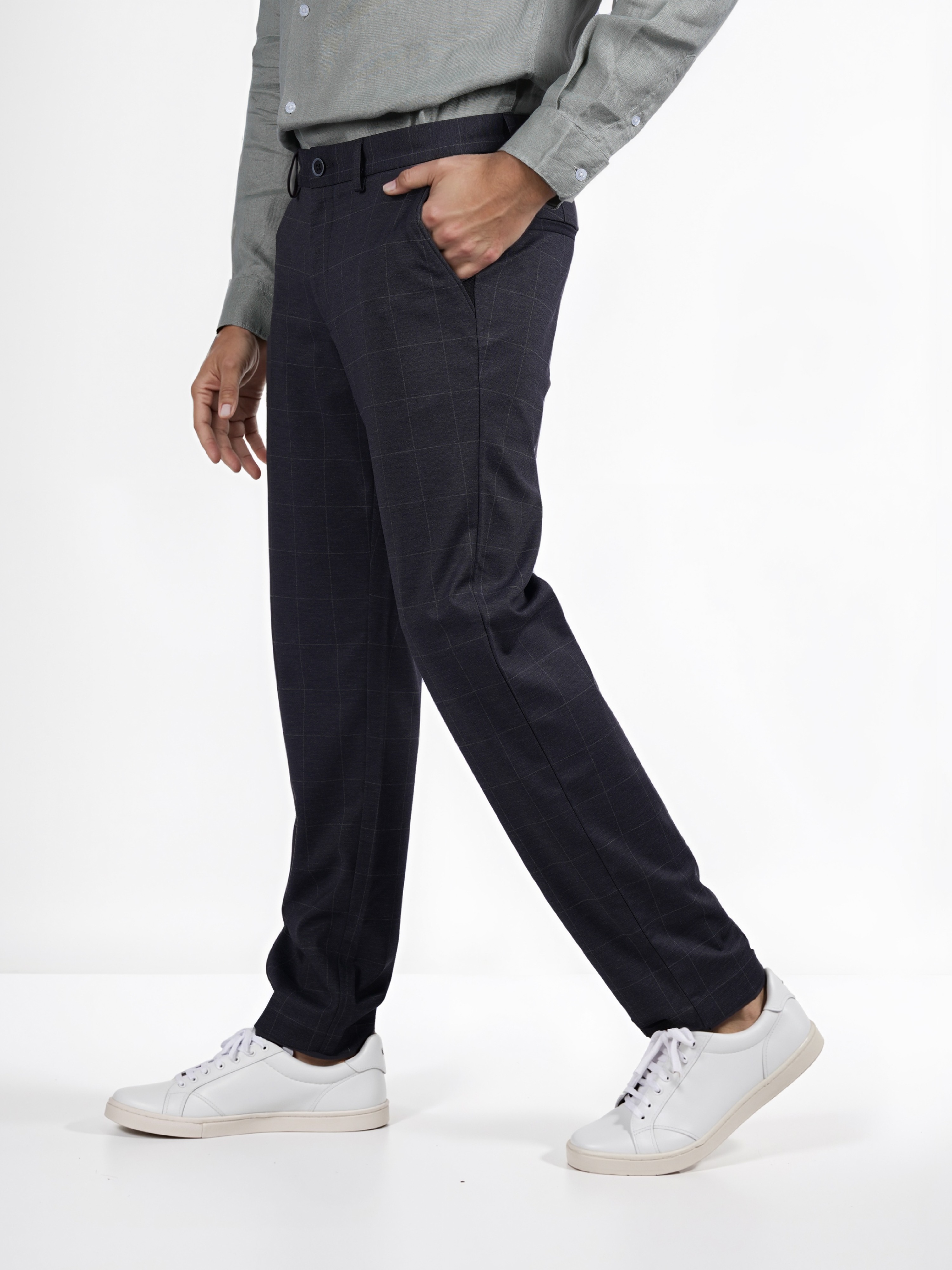 Celio Men Grey Checked Slim Fit Polyester Fashion Trouser