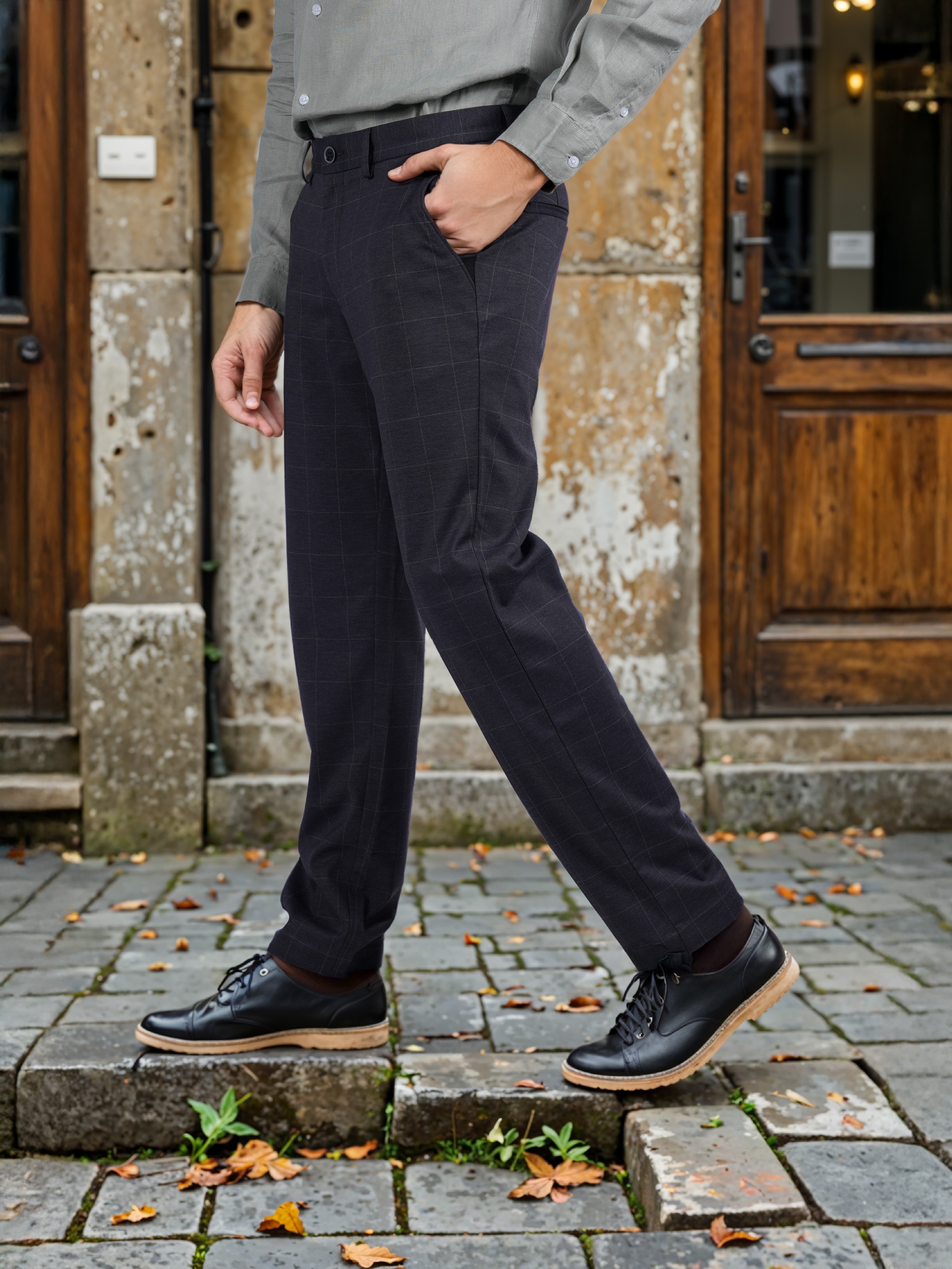 Celio Men Grey Checked Slim Fit Polyester Fashion Trouser