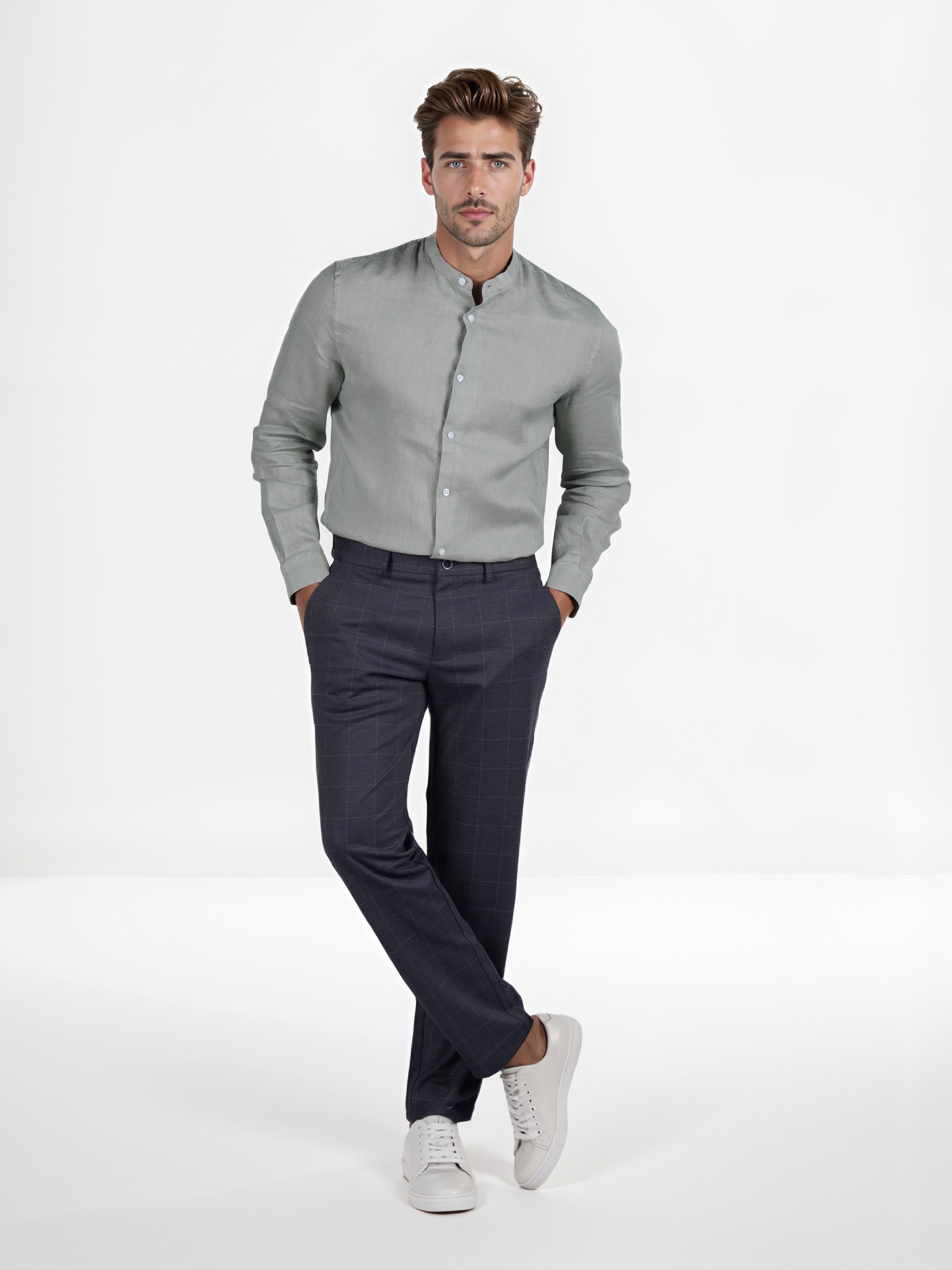 Celio Men Grey Checked Slim Fit Polyester Fashion Trouser