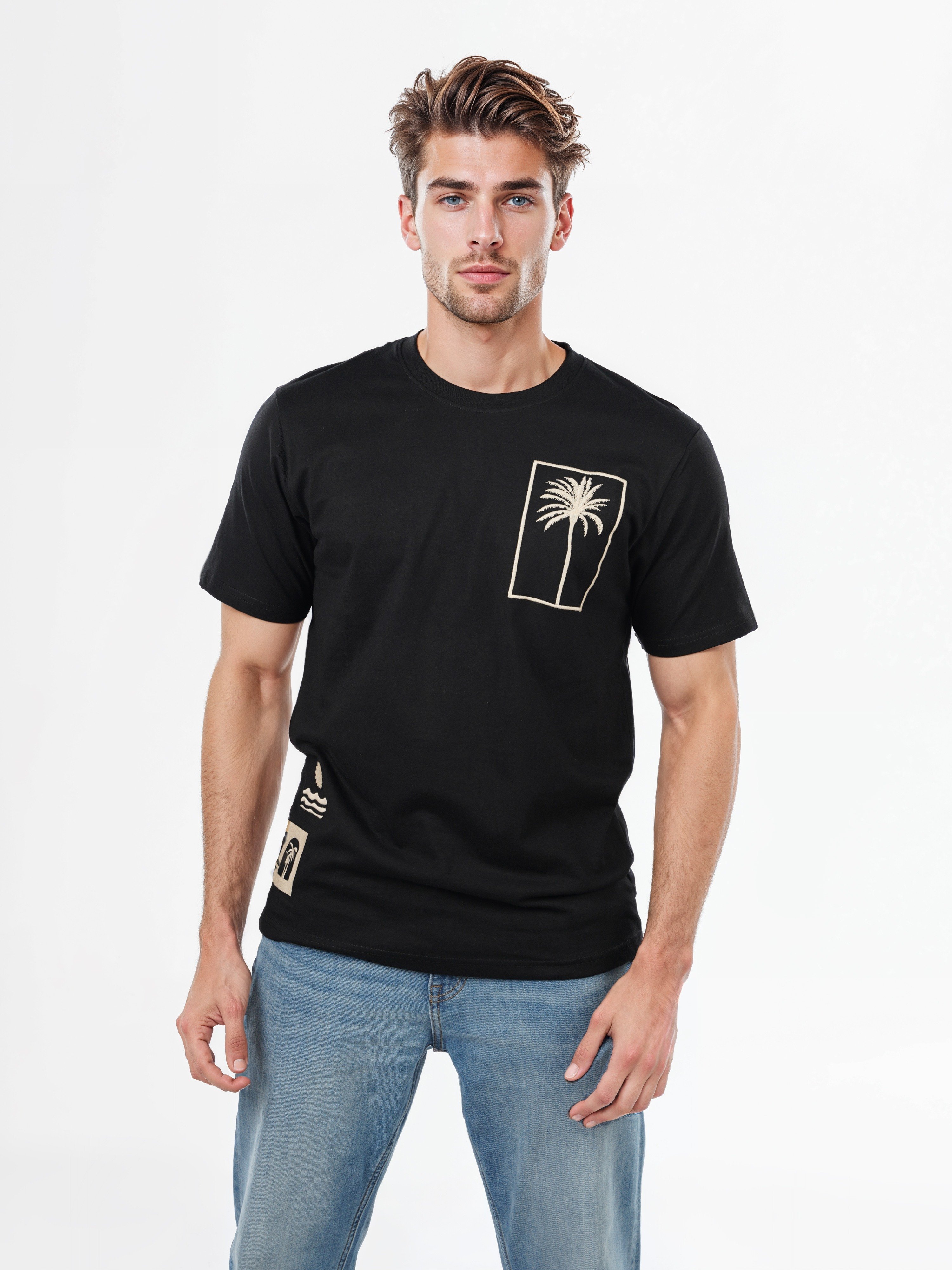 Celio Men Black Printed Boxy Short Sleeves Cotton Tshirt