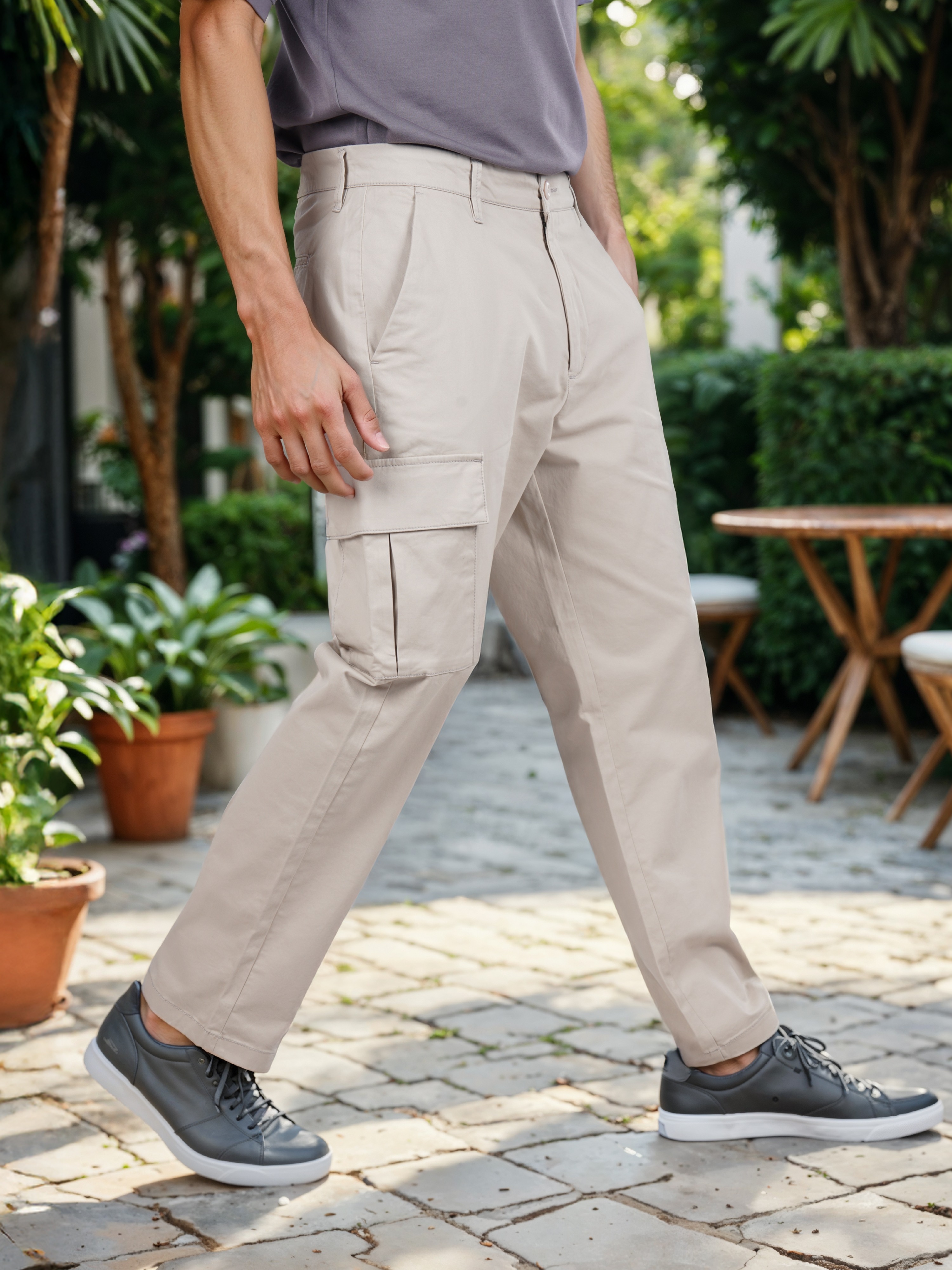 Celio Men Beige Solid Regular Fit Cotton Cargos