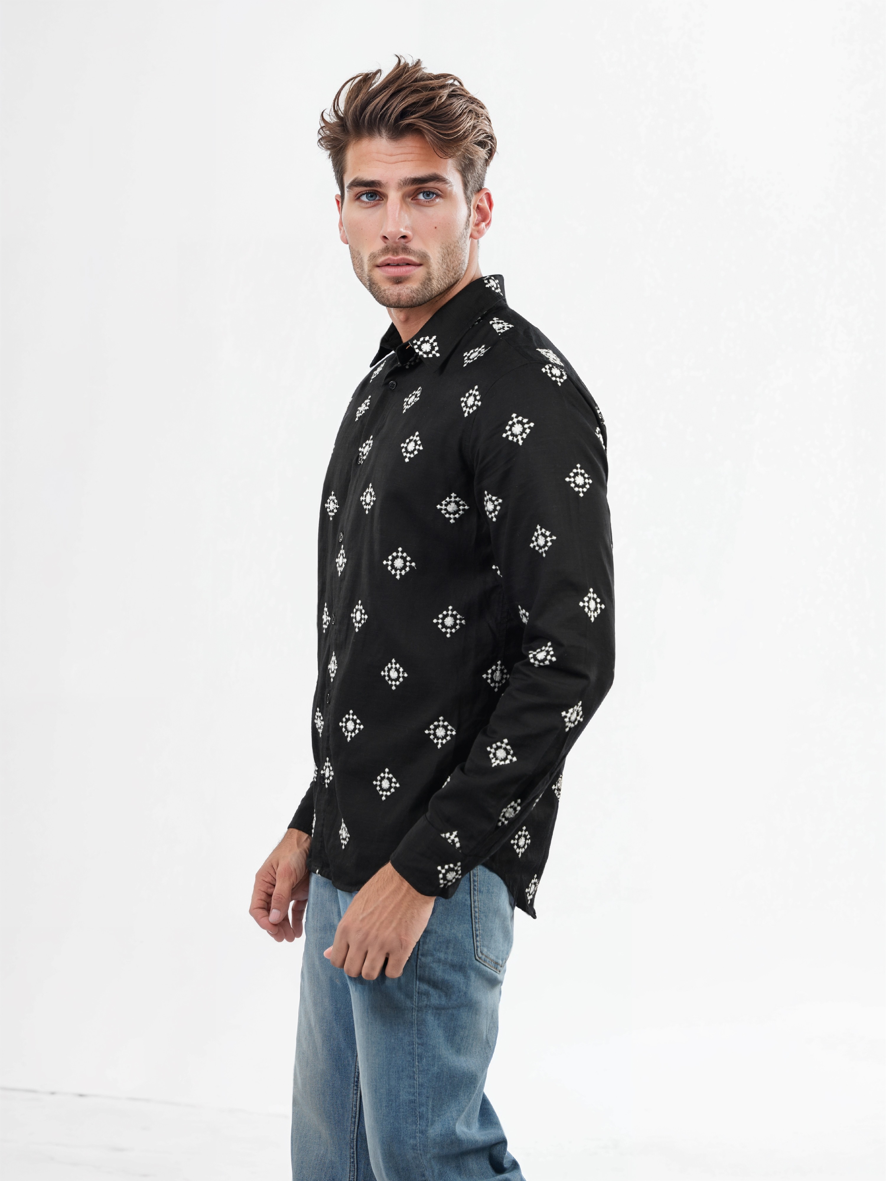 Celio Men Black Printed Regular Fit Viscose Rayon Shirt
