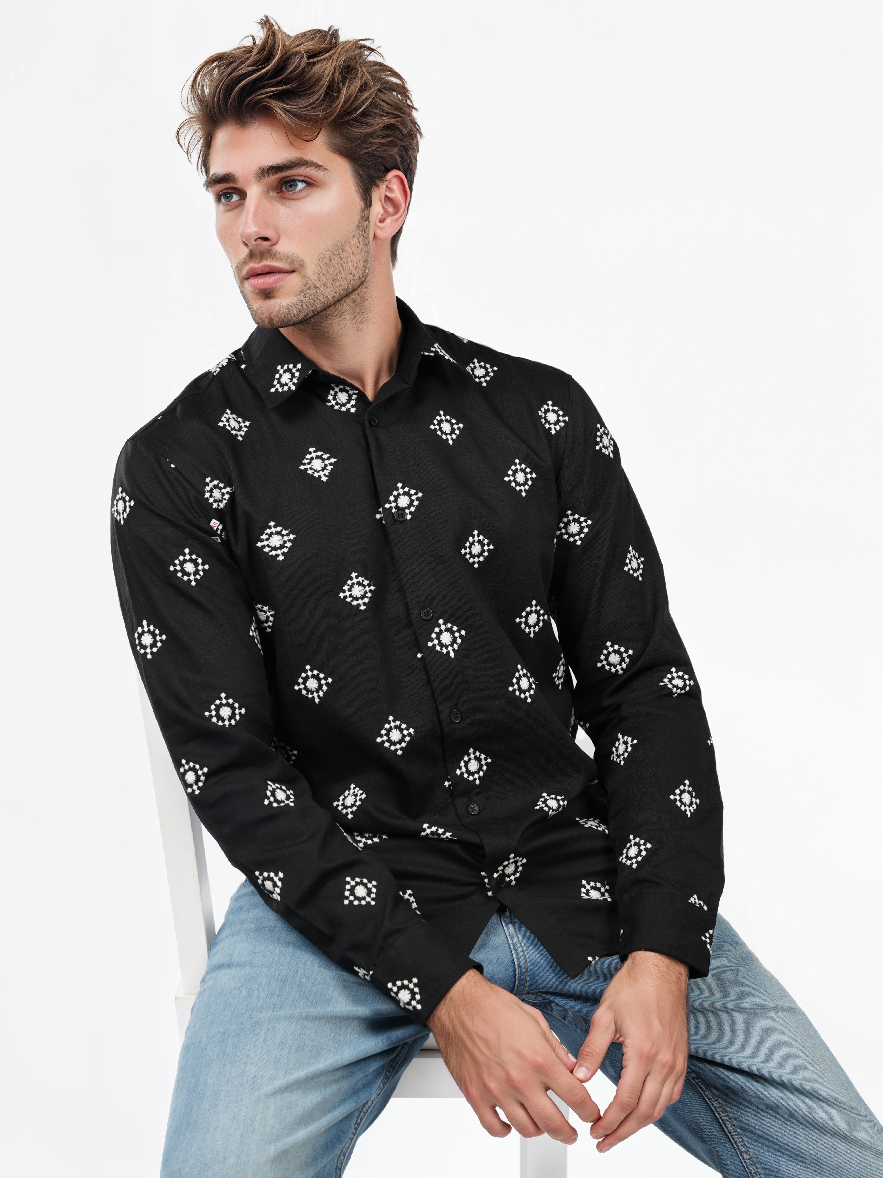 Celio Men Black Printed Regular Fit Viscose Rayon Shirt