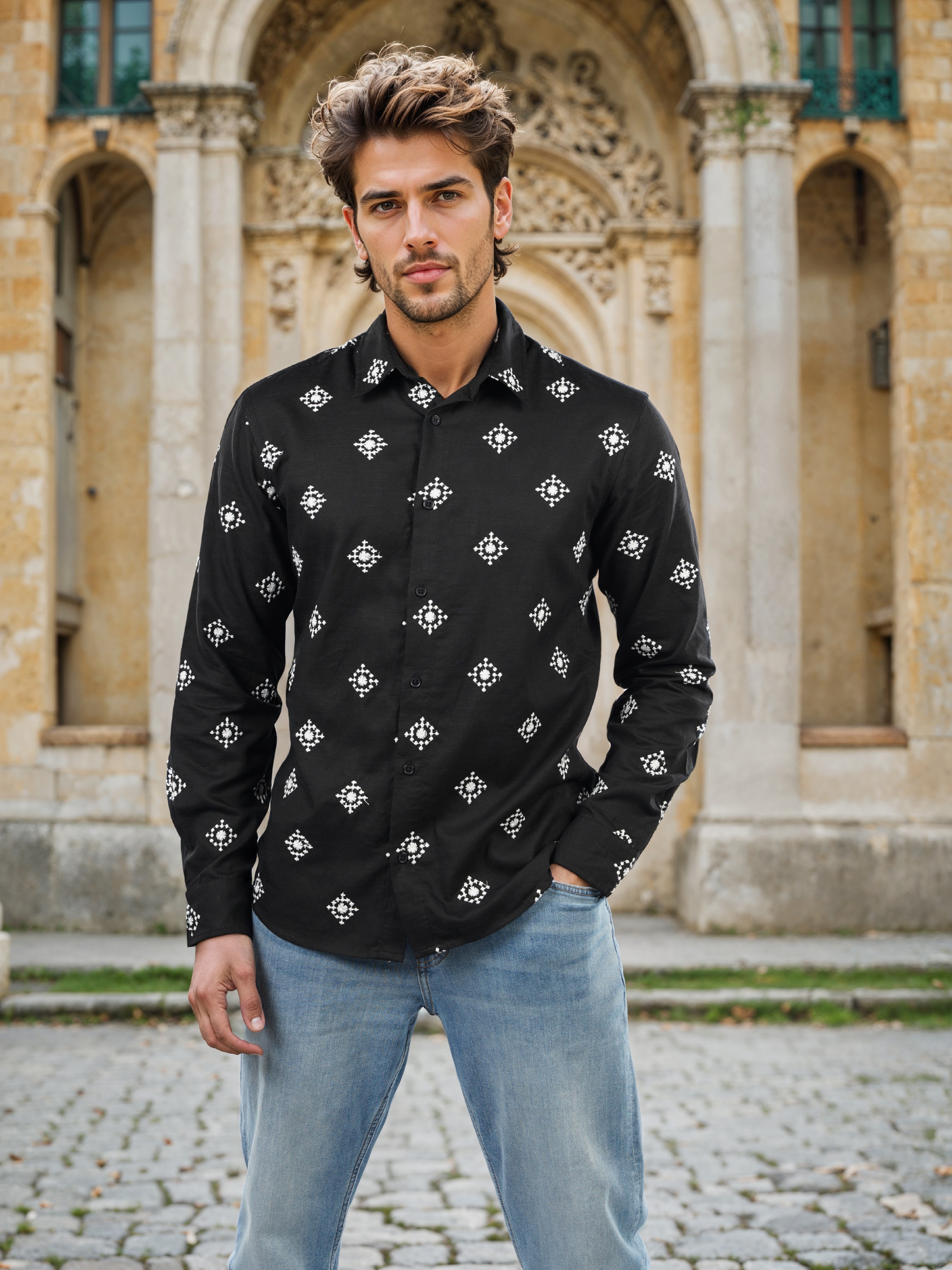 Celio Men Black Printed Regular Fit Viscose Rayon Shirt