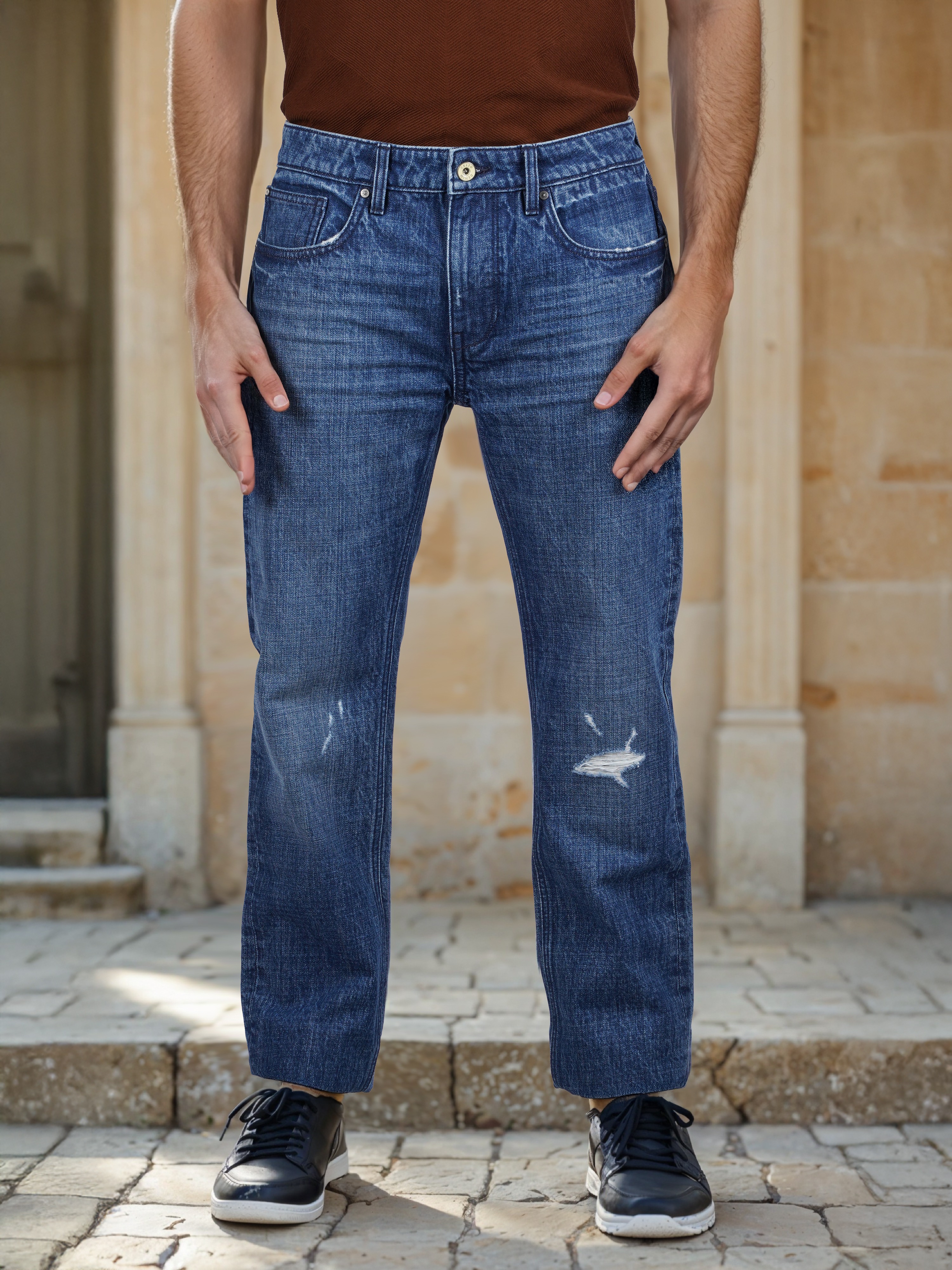Celio Men Blue Solid Straight Fit Cotton Twill Denim - Distress & Crackel Jeans