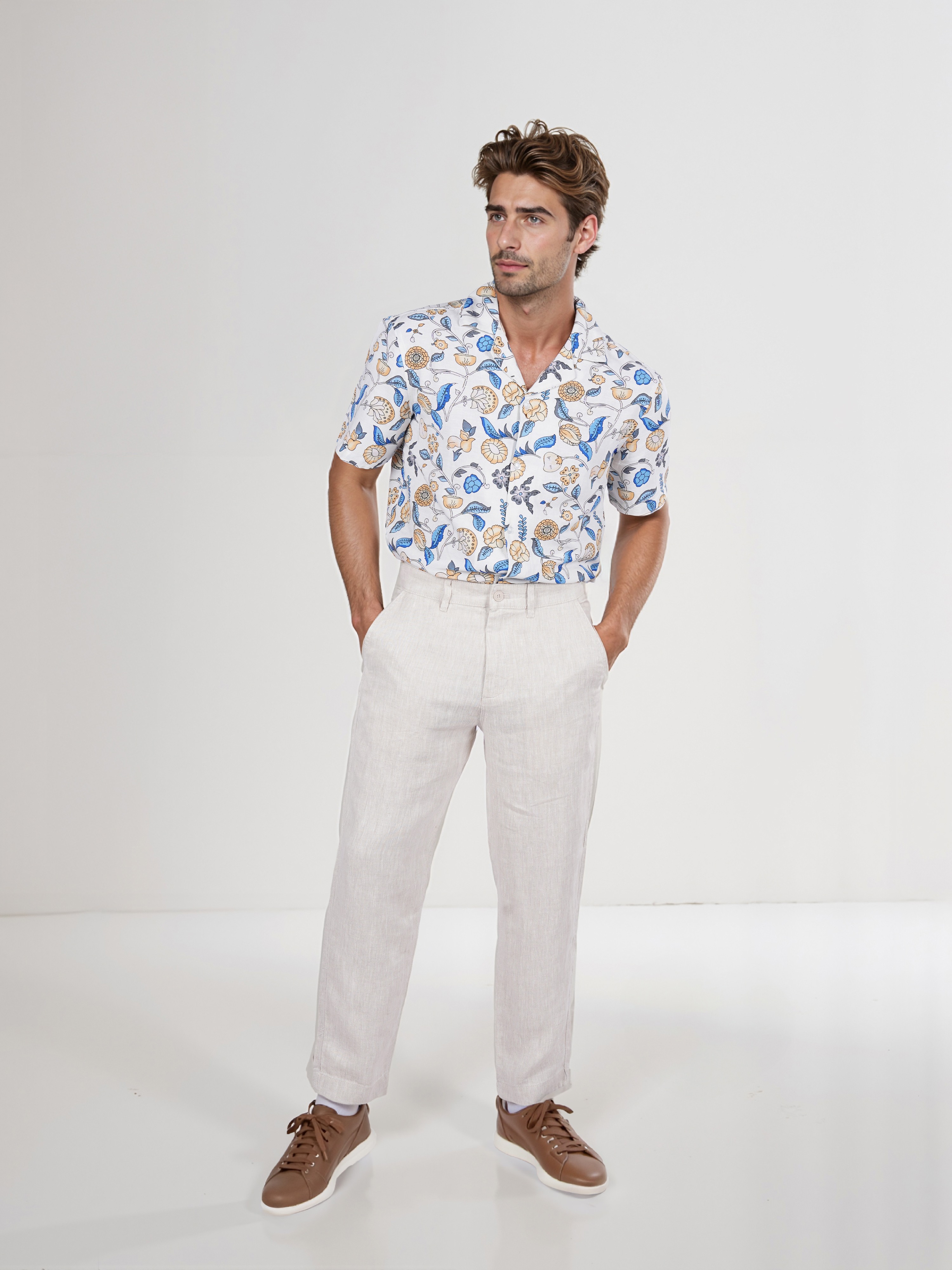 Celio Men Beige Solid Straight Fit Linen Trouser