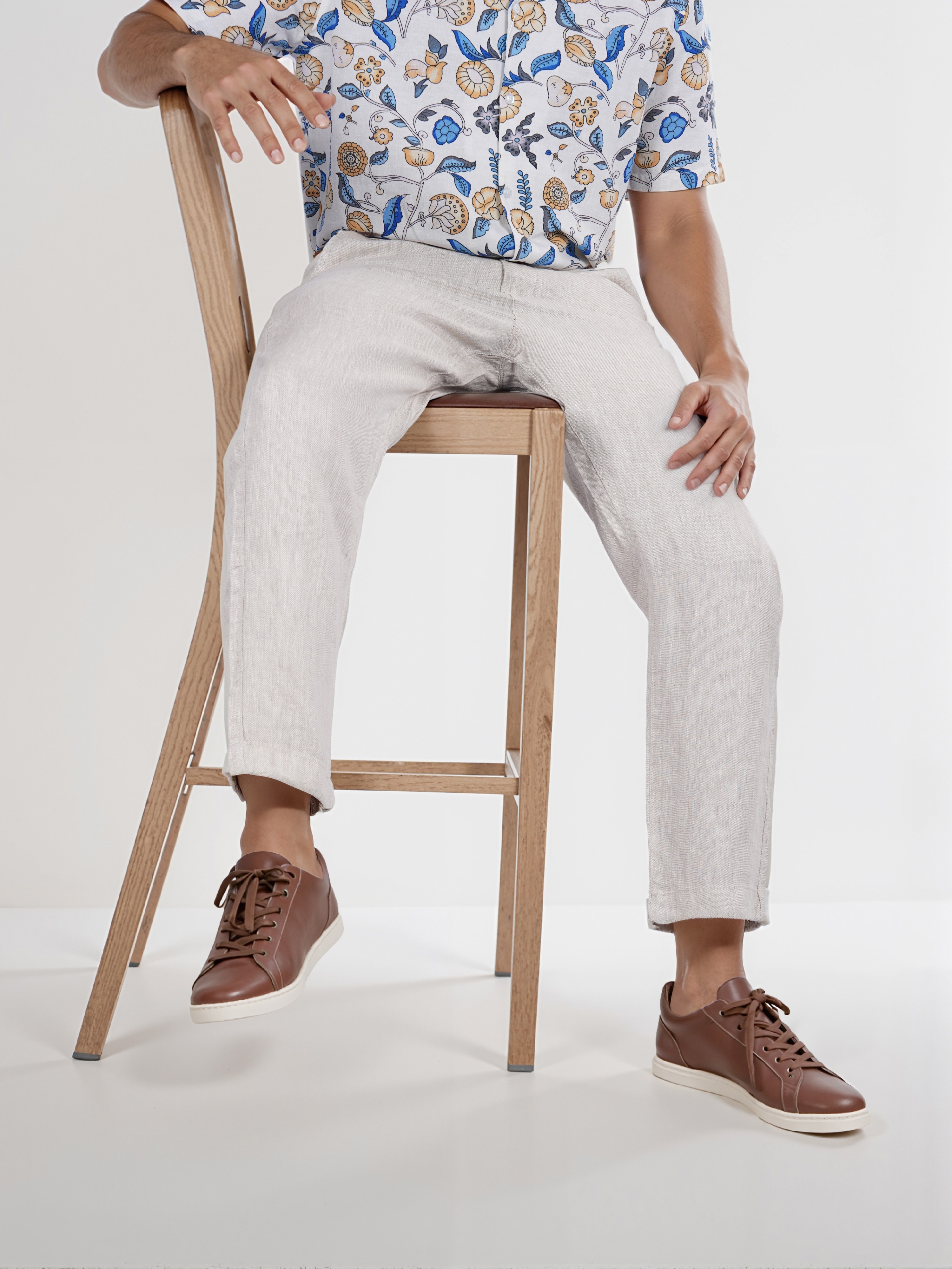 Celio Men Beige Solid Straight Fit Linen Trouser