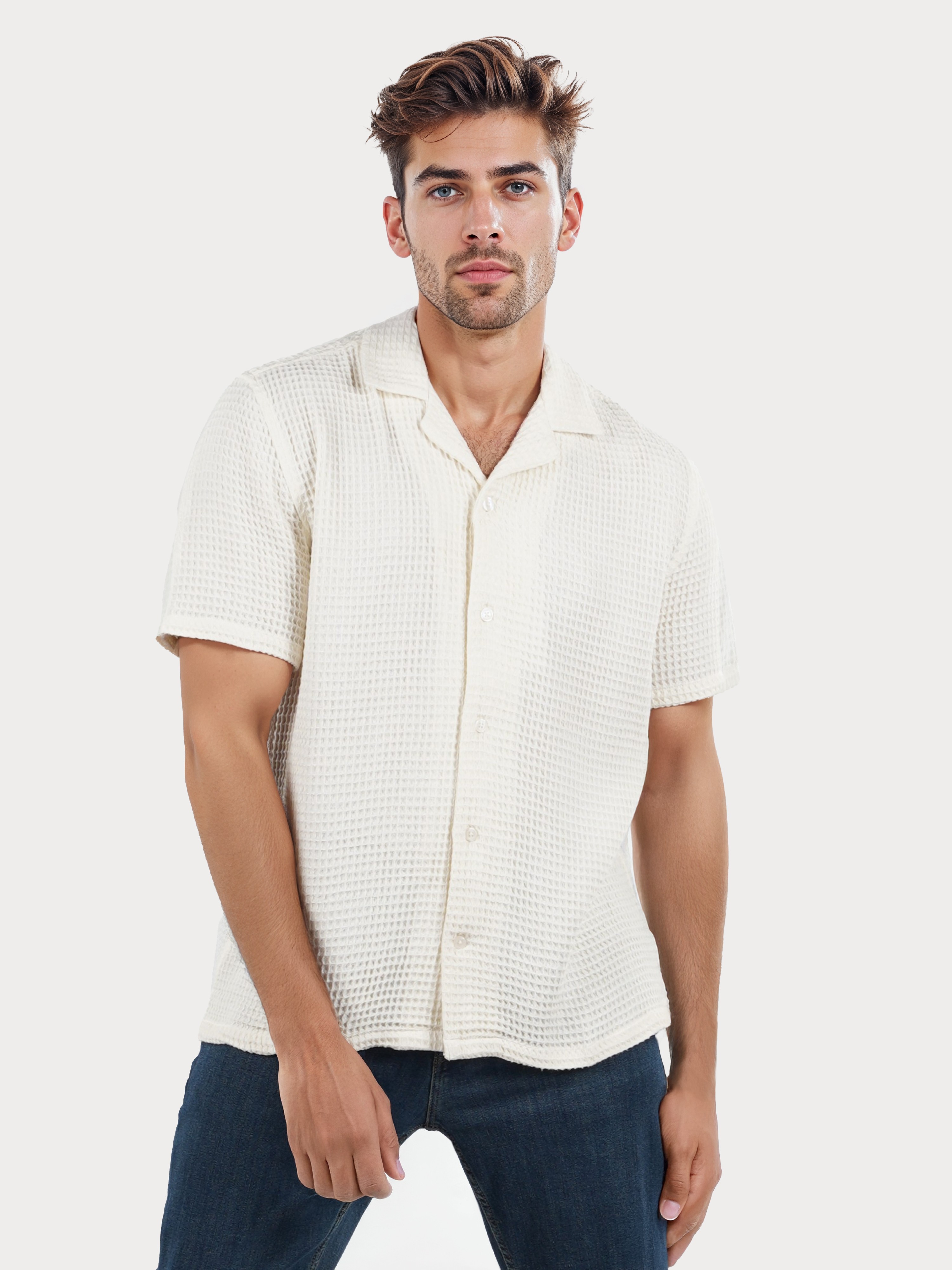 Celio Men Off White Solid Regular Fit Cotton Knit Shirt
