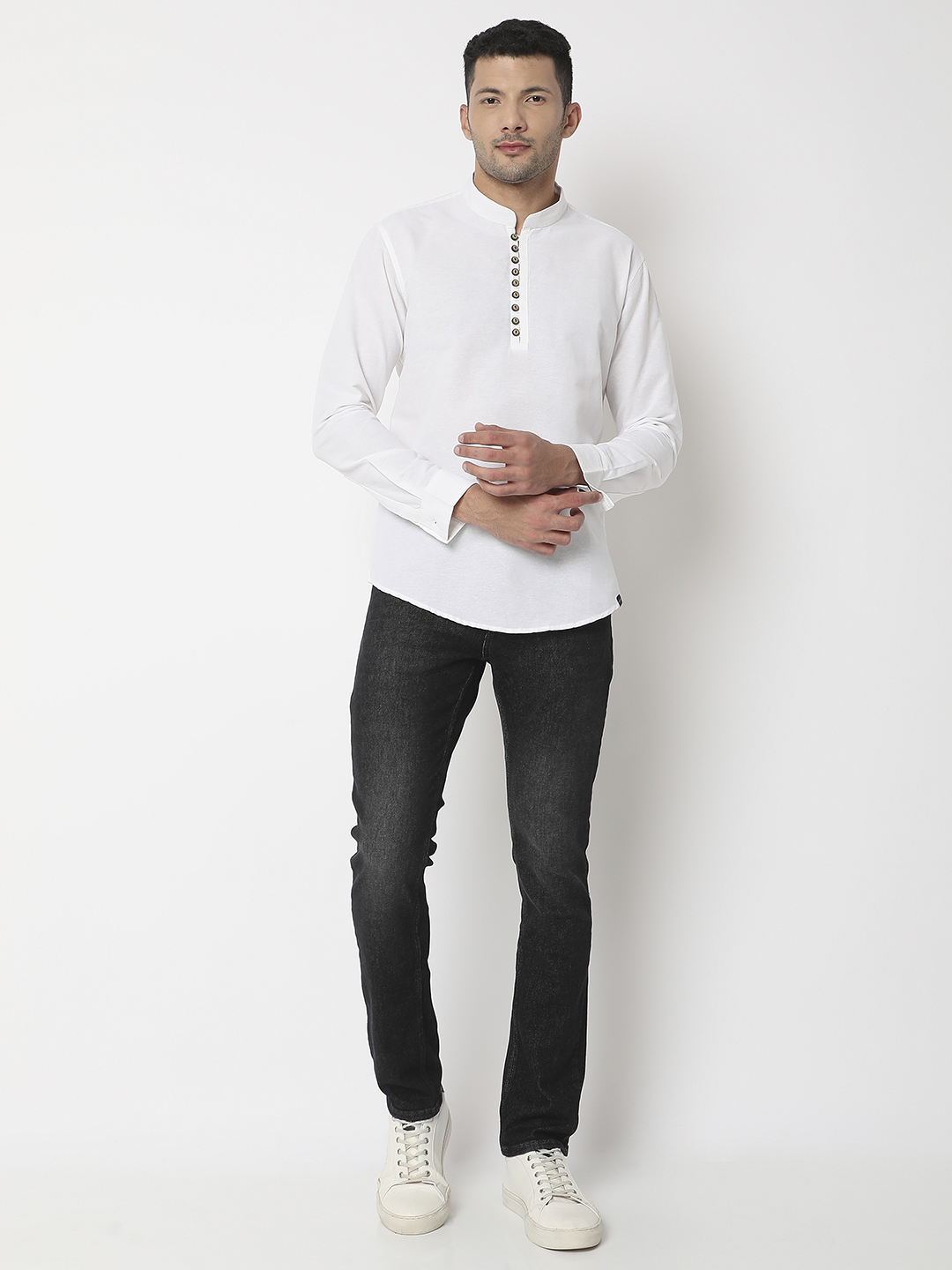 Spykar Men White Cotton Linen Slim Fit Mandarin Collar Plain Kurta