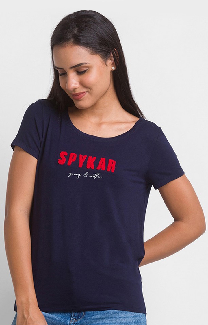 spykar | Spykar Navy Blue Cotton Blend Half Sleeve Printed Casual T-Shirt For Women 0