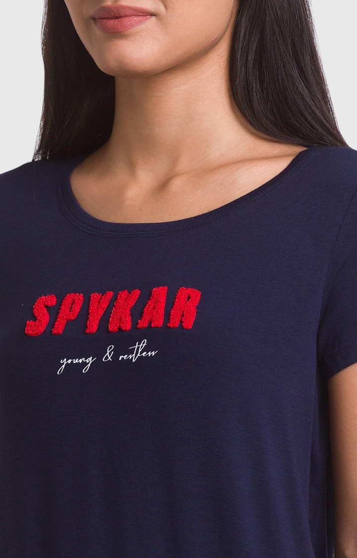 spykar | Spykar Navy Blue Cotton Blend Half Sleeve Printed Casual T-Shirt For Women 5