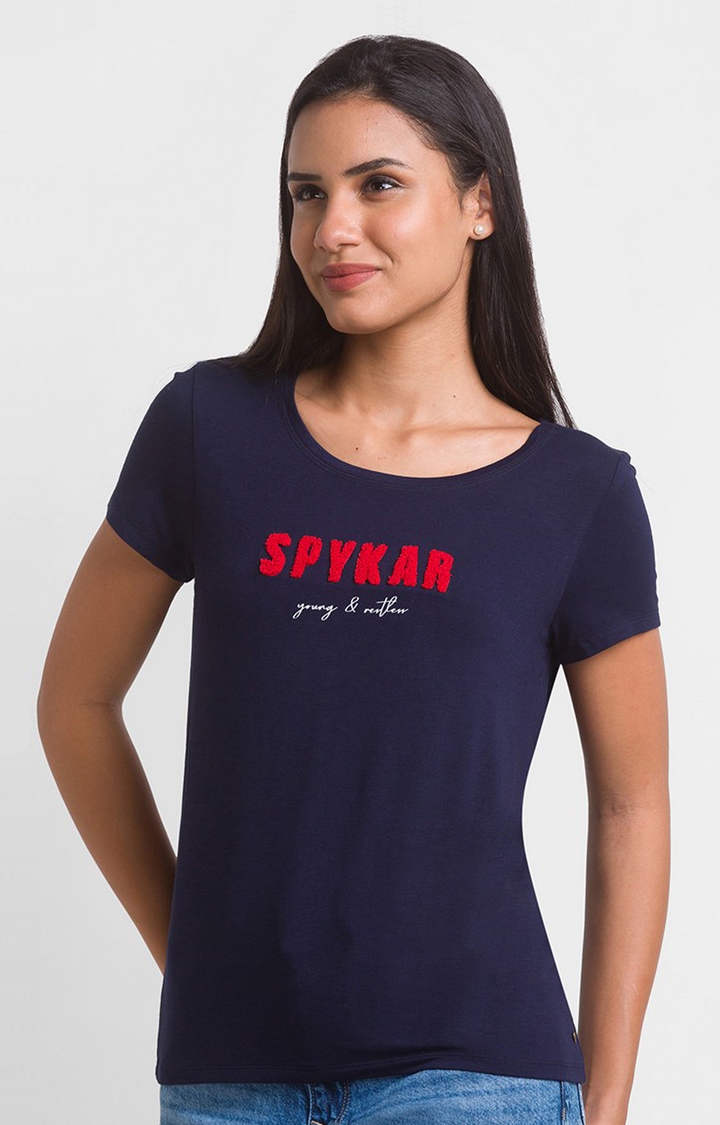 spykar | Spykar Navy Blue Cotton Blend Half Sleeve Printed Casual T-Shirt For Women 3