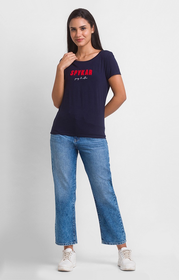 spykar | Spykar Navy Blue Cotton Blend Half Sleeve Printed Casual T-Shirt For Women 1