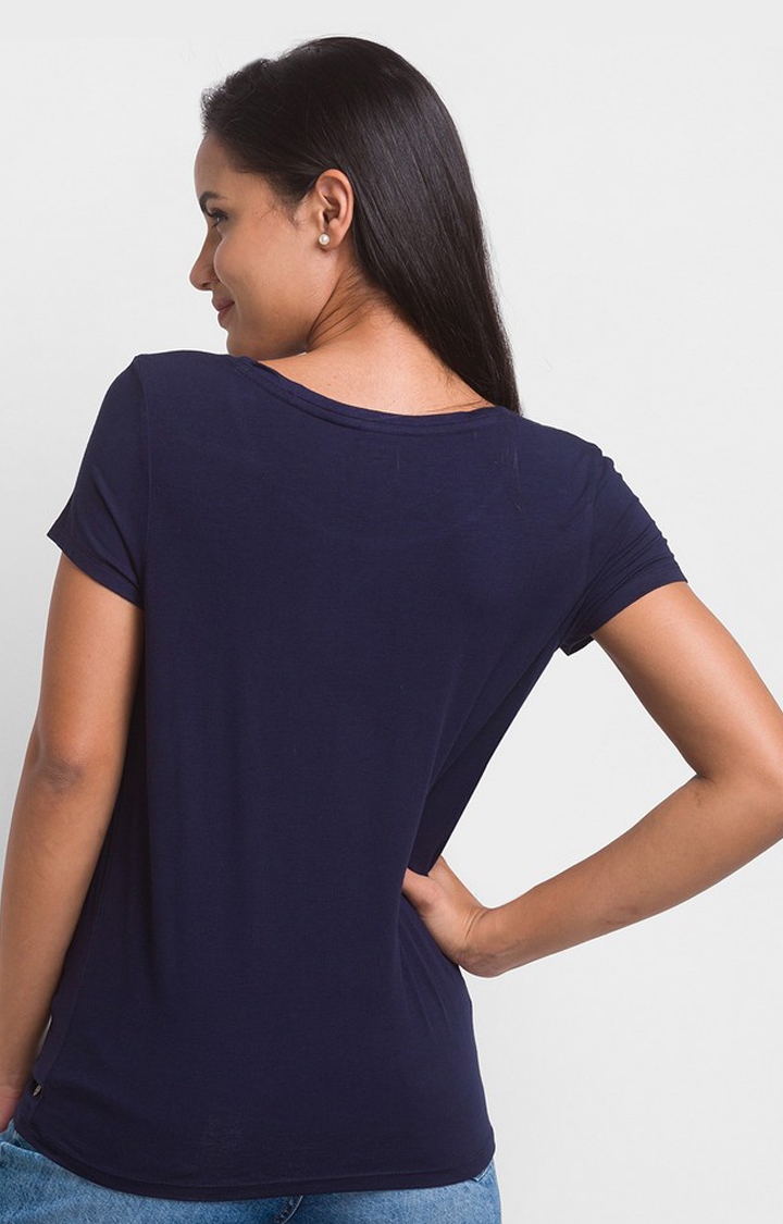 spykar | Spykar Navy Blue Cotton Blend Half Sleeve Printed Casual T-Shirt For Women 4