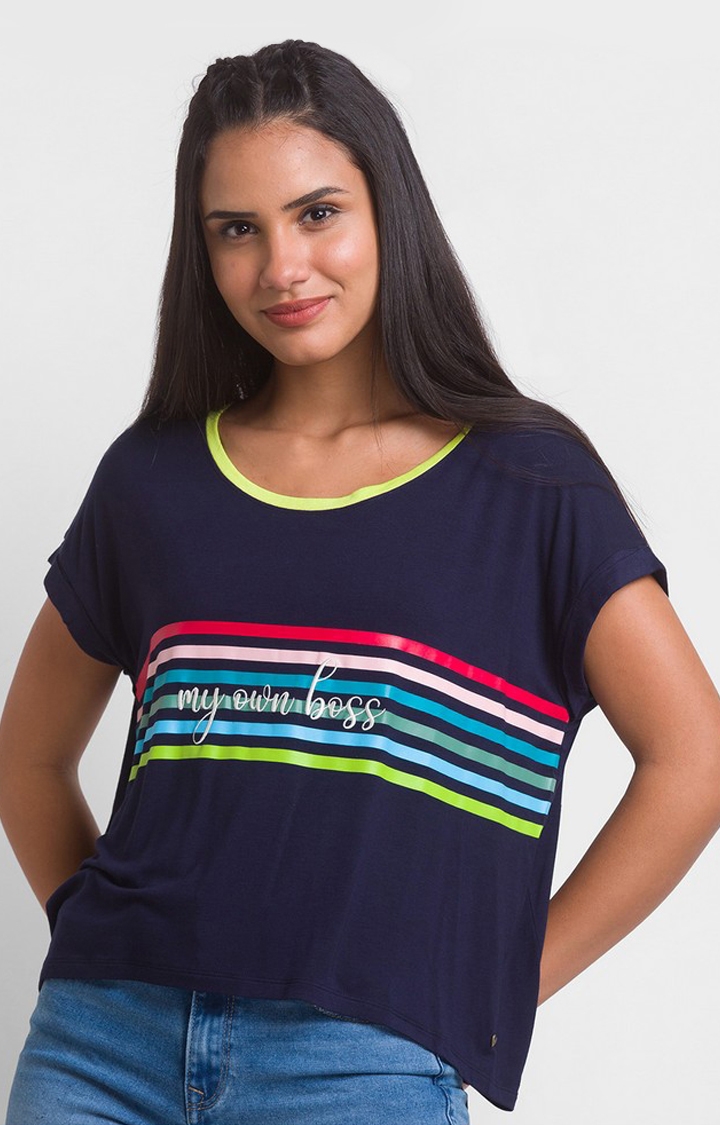 spykar | Spykar Navy Blue Cotton Blend Half Sleeve Printed Casual T-Shirt For Women 0