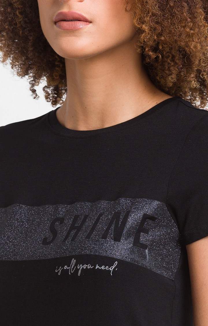 Spykar Black Cotton Blend Half Sleeve Printed Casual T-Shirt For Women