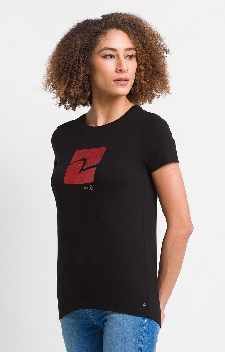 spykar | Spykar Black Cotton Blend Half Sleeve Printed Casual T-Shirt For Women 3