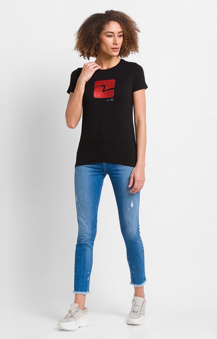 spykar | Spykar Black Cotton Blend Half Sleeve Printed Casual T-Shirt For Women 1