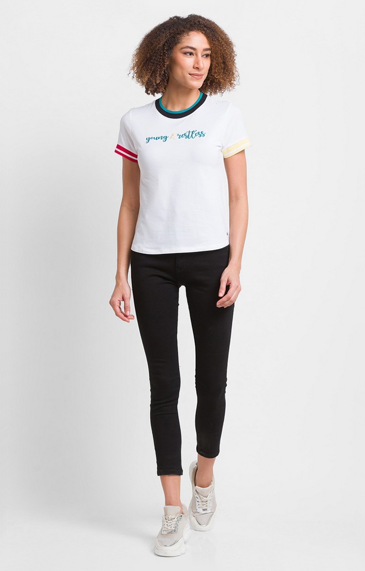 spykar | Spykar White Cotton Blend Half Sleeve Colorless Casual T-Shirt For Women 1